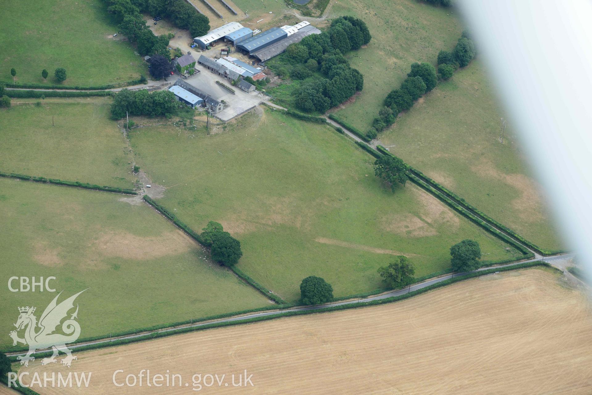 Aerial photograph: Pentre Roman road parchmarks. Crown: CHERISH PROJECT 2018. Produced with EU funds through the Ireland Wales Co-operation Programme 2014-2020 (NGR SN622507)