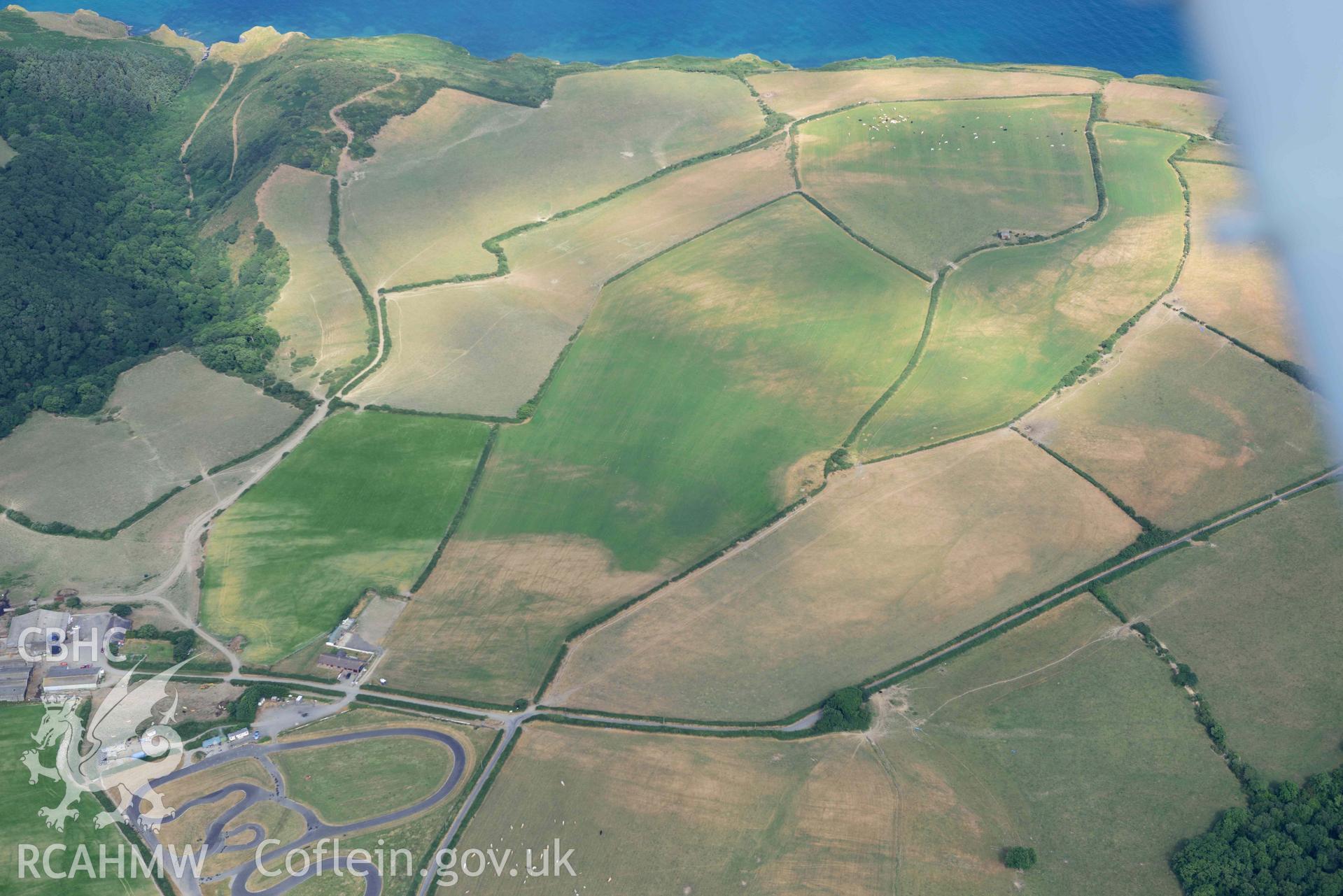 Aerial photograph: Cropmark enclosure, Capel Crist, Llwyncelyn. Crown: CHERISH PROJECT 2018. Produced with EU funds through the Ireland Wales Co-operation Programme 2014-2020 (NGR: SN434606)