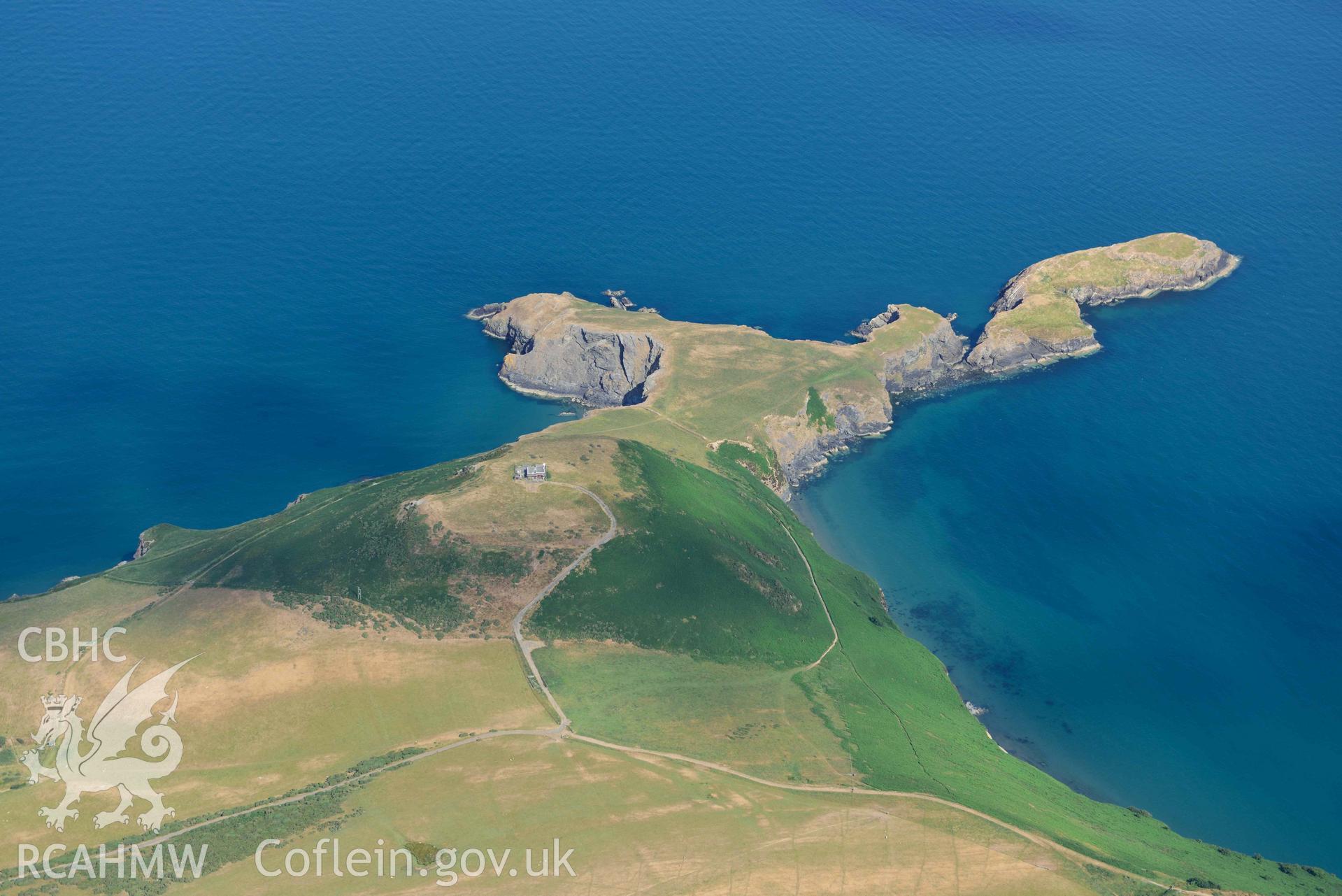 Aerial photograph: Pendinas Lochtyn hillfort. Crown: CHERISH PROJECT 2018. Produced with EU funds through the Ireland Wales Co-operation Programme 2014-2020 (NGR: SN315548)