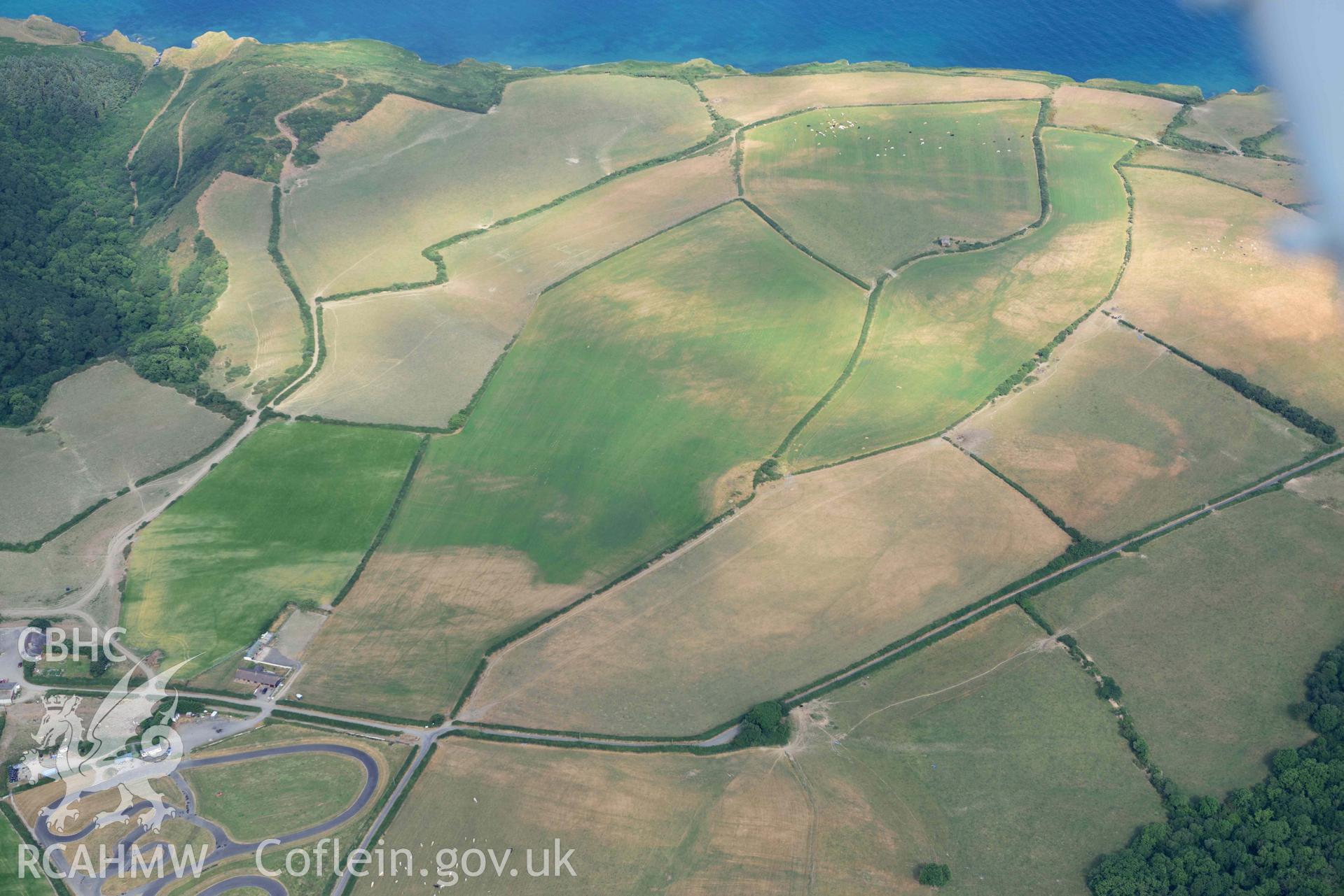 Aerial photograph: Cropmark enclosure, Capel Crist, Llwyncelyn. Crown: CHERISH PROJECT 2018. Produced with EU funds through the Ireland Wales Co-operation Programme 2014-2020 (NGR: SN434606)