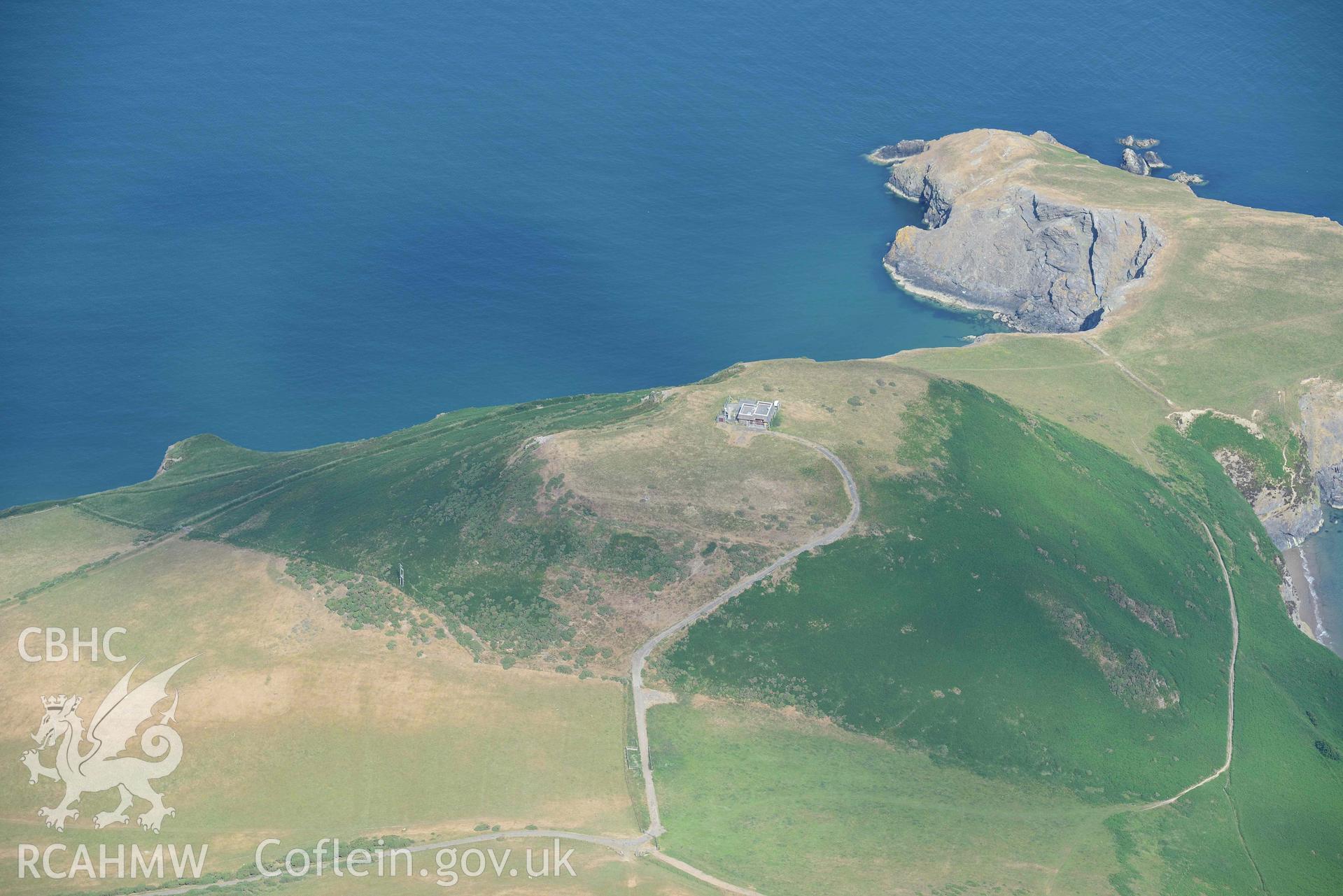 Aerial photograph: Pendinas Lochtyn hillfort. Crown: CHERISH PROJECT 2018. Produced with EU funds through the Ireland Wales Co-operation Programme 2014-2020 (NGR: SN315548)