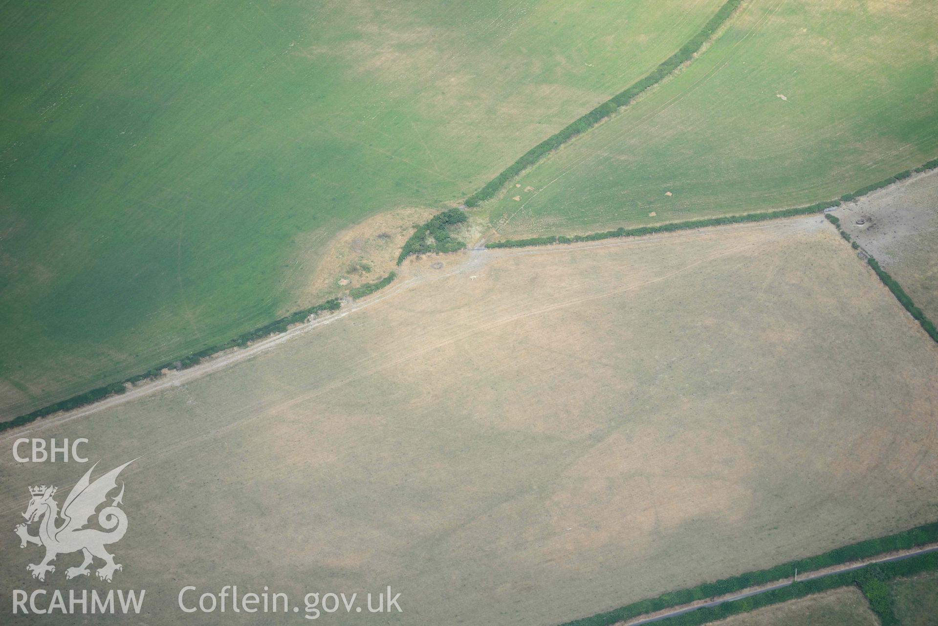 Aerial photograph: Cropmark enclosure, Capel Crist, Llwyncelyn. Crown: CHERISH PROJECT 2018. Produced with EU funds through the Ireland Wales Co-operation Programme 2014-2020 (NGR: SN434606)