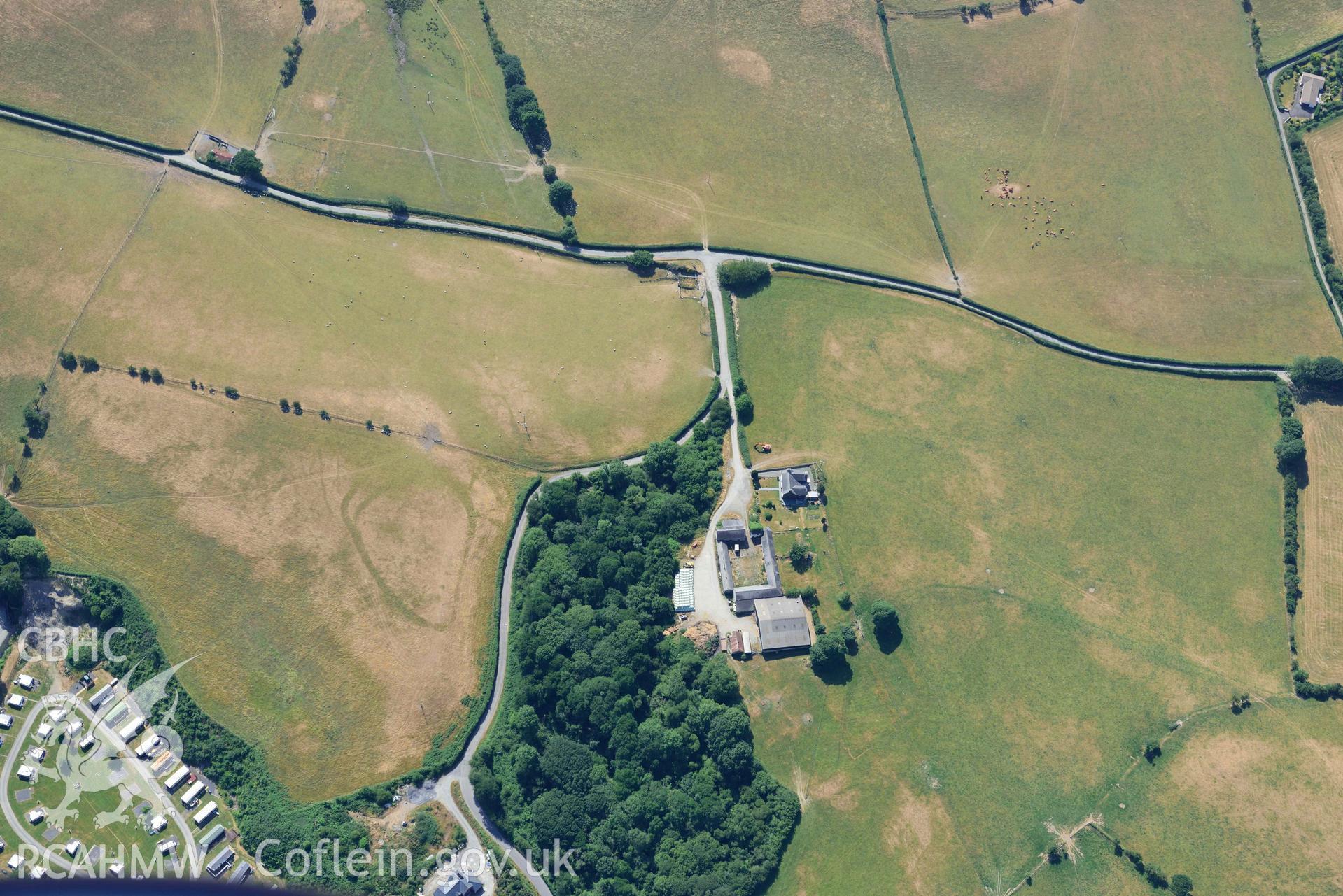 Aerial photograph: Glan Fred defended enclosure. Crown: CHERISH PROJECT 2018. Produced with EU funds through the Ireland Wales Co-operation Programme 2014-2020 (NGR: SN634878)