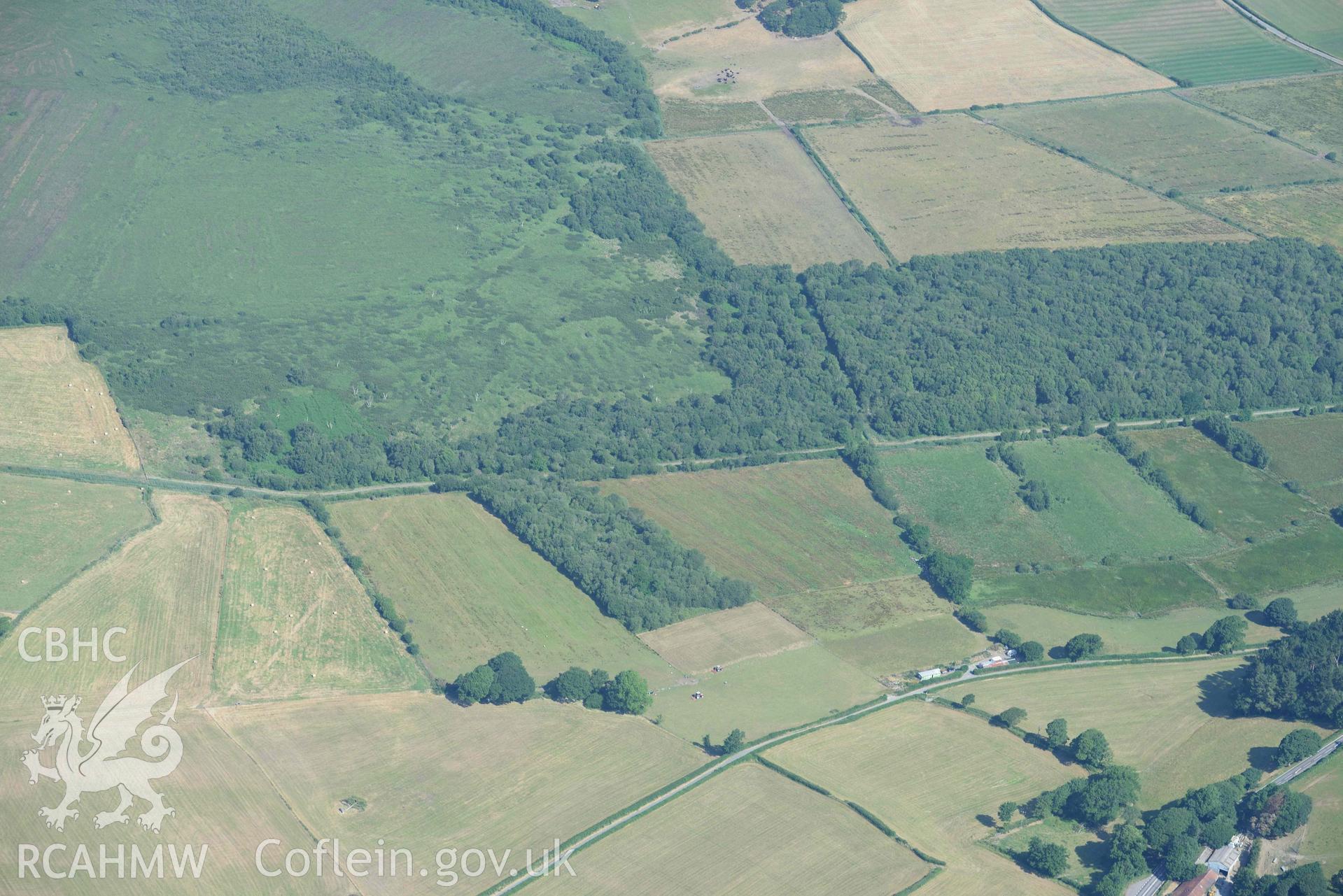 Aerial photograph: Llangynfelin timber trackway, parchmarks looking north. Crown: CHERISH PROJECT 2018. Produced with EU funds through the Ireland Wales Co-operation Programme 2014-2020 (NGR: SN648906)