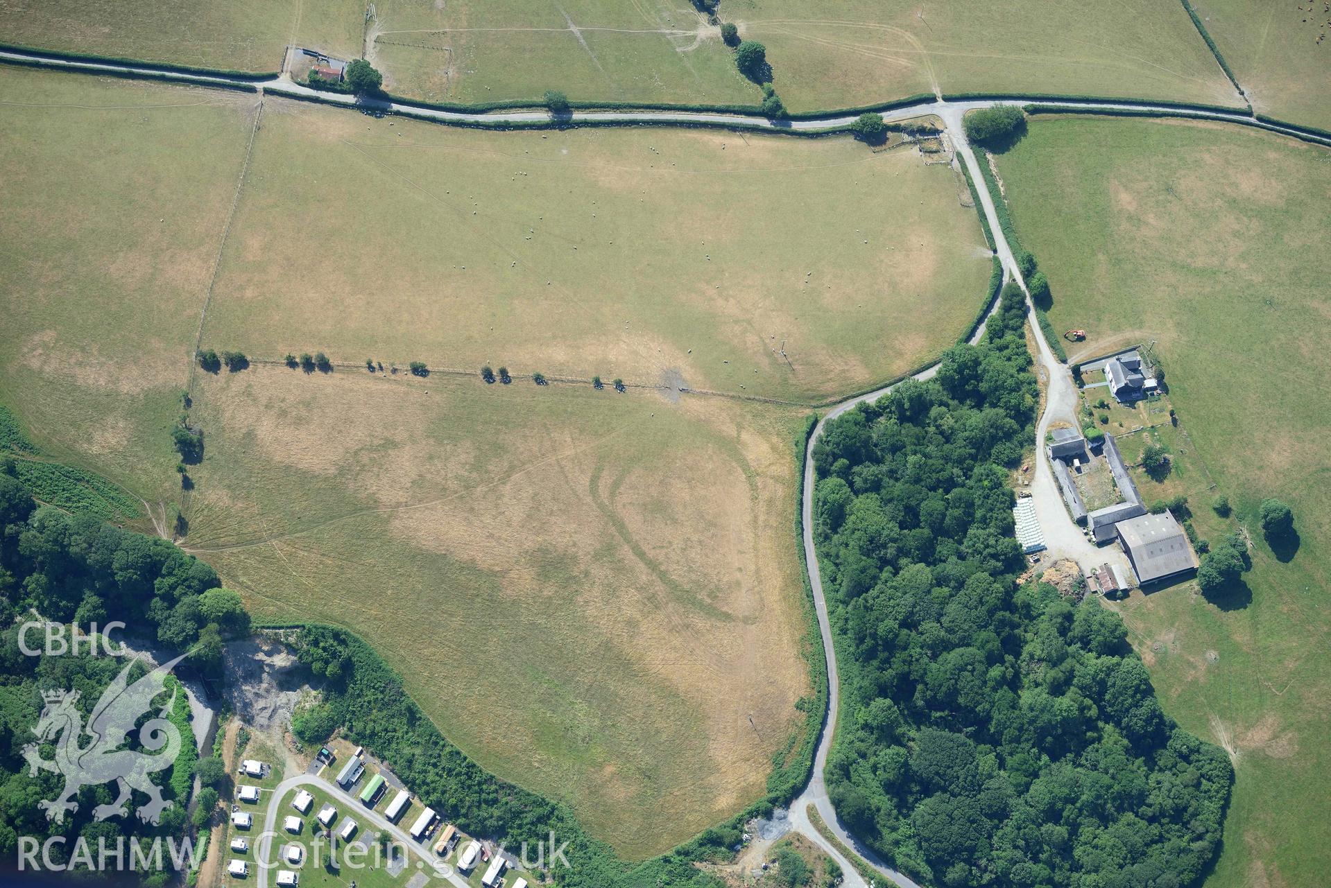 Aerial photograph: Glan Fred defended enclosure. Crown: CHERISH PROJECT 2018. Produced with EU funds through the Ireland Wales Co-operation Programme 2014-2020 (NGR: SN634878)