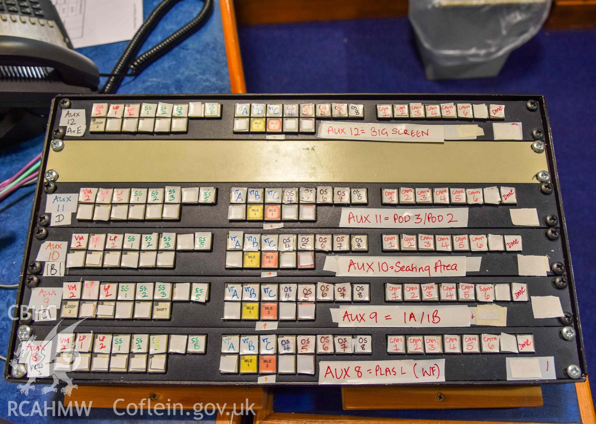 BBC Broadcasting House - Interior, C1 Production Gallery: Detailed view of a control deck on the EVS Operator's desk, taken from North