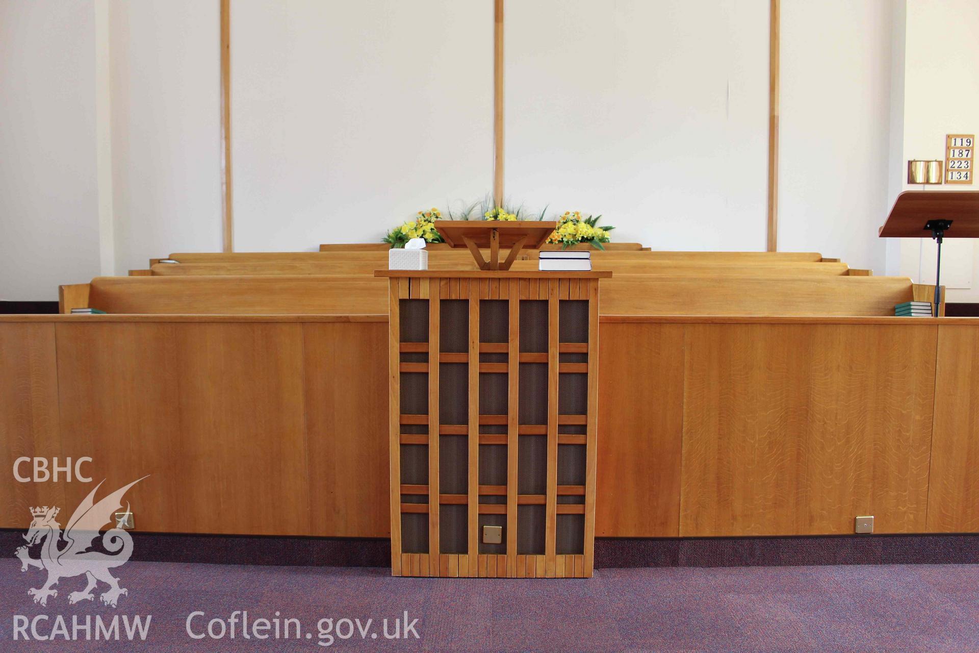 Church of Jesus Christ of Latter Day Saints, interior main auditorium detail of dias and pulpit at south-east end