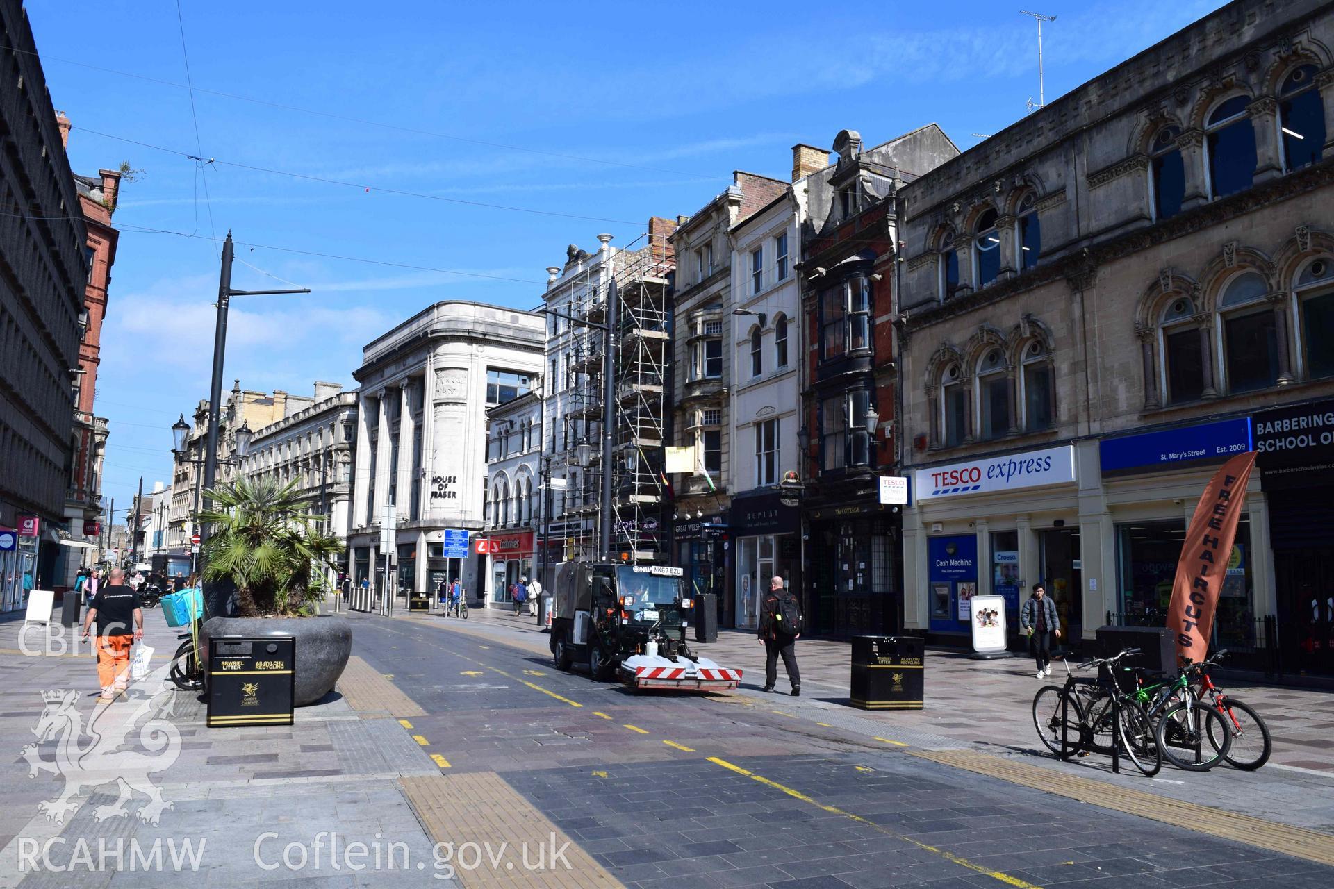 Photograph from a heritage impact assessment of the impact on the St Mary Street Conservation Area, Cardiff, and nearby designated historic assets from proposed alterations to 22, St Mary Street, carried out by Trysor in 2022. Project No. 2022/856.