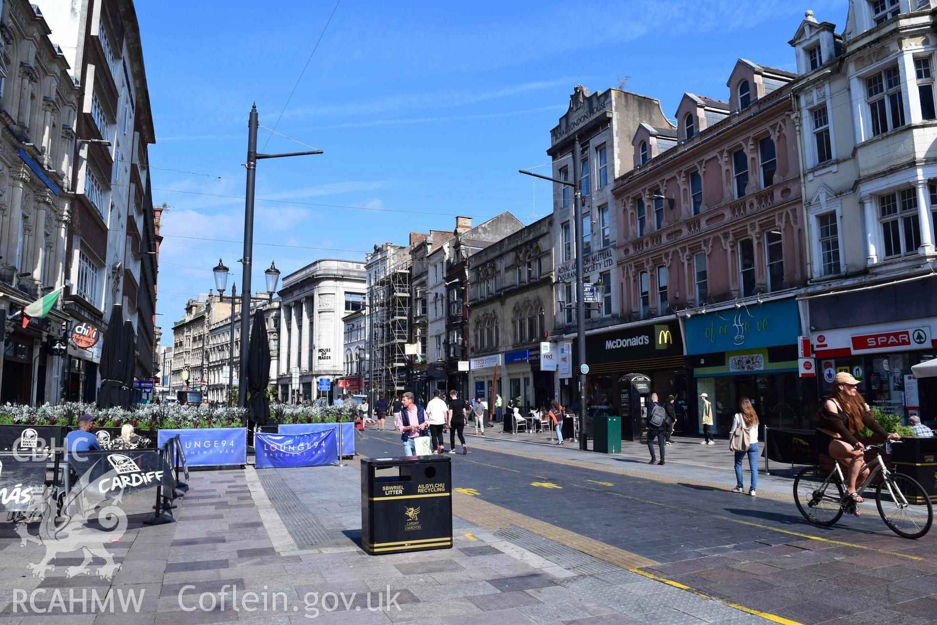 Photograph from a heritage impact assessment of the impact on the St Mary Street Conservation Area, Cardiff, and nearby designated historic assets from proposed alterations to 22, St Mary Street, carried out by Trysor in 2022. Project No. 2022/856.