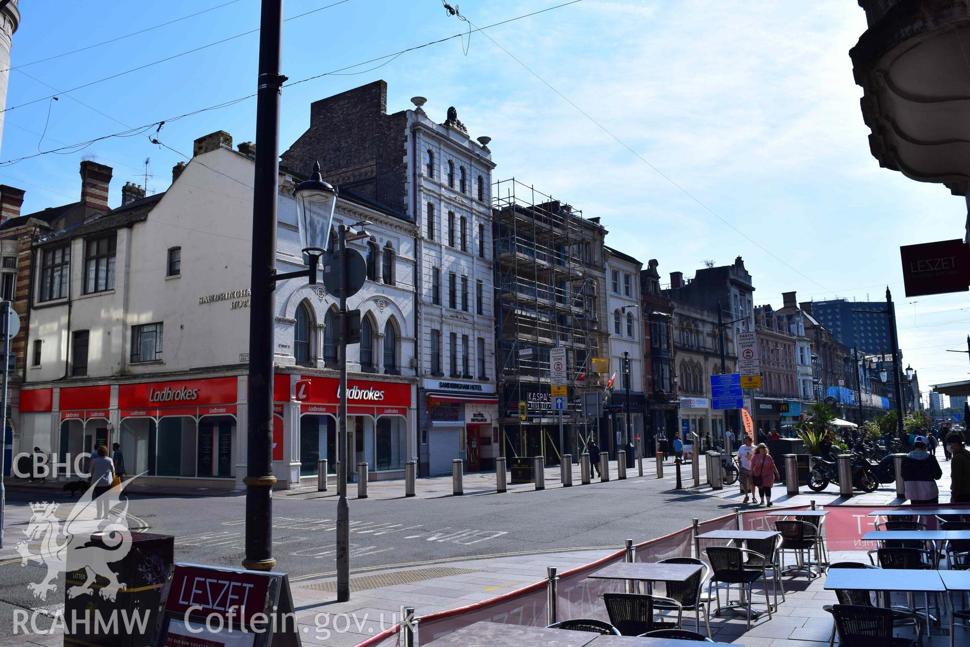 Photograph from a heritage impact assessment of the impact on the St Mary Street Conservation Area, Cardiff, and nearby designated historic assets from proposed alterations to 22, St Mary Street, carried out by Trysor in 2022. Project No. 2022/856.