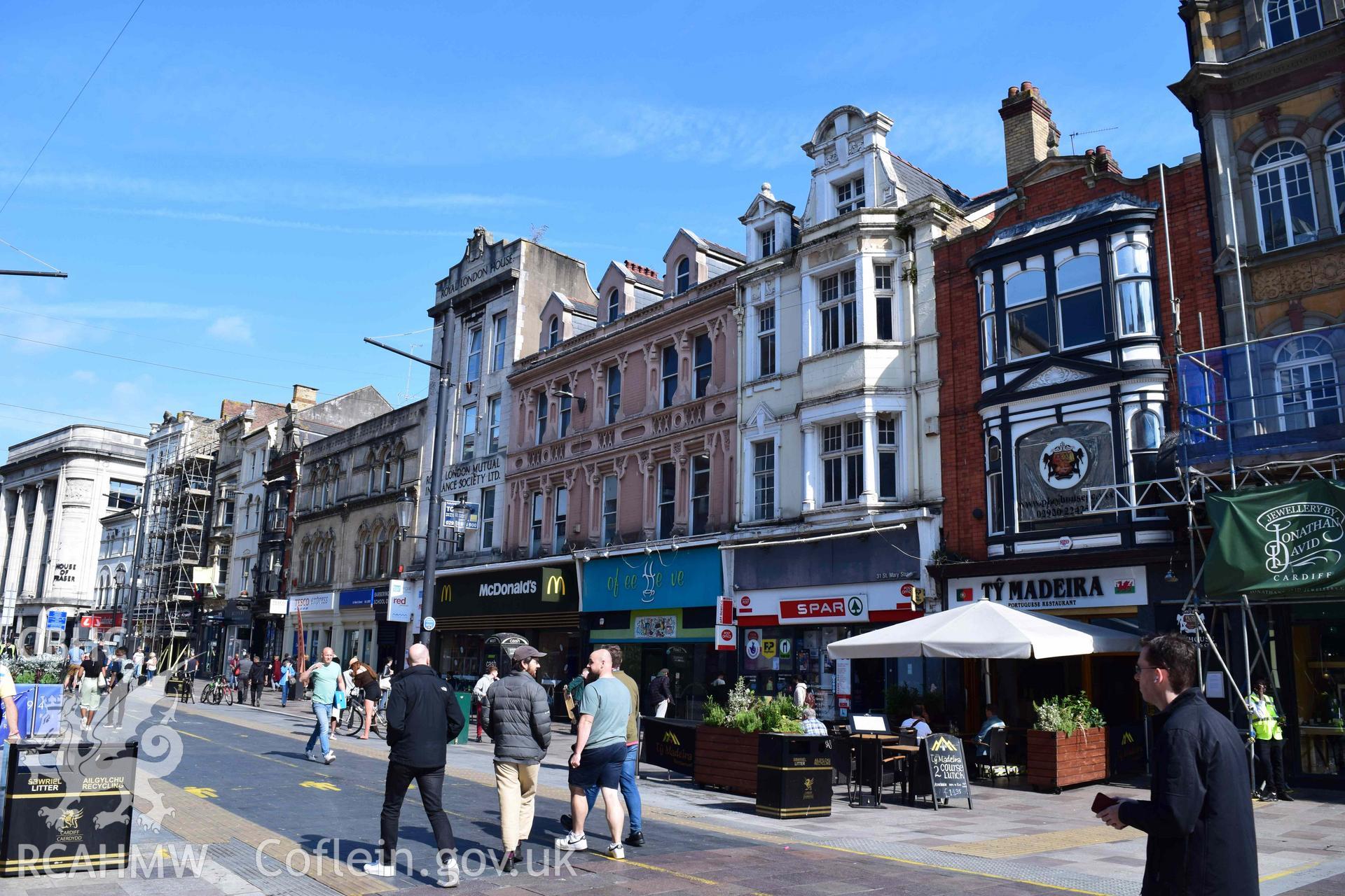 Photograph from a heritage impact assessment of the impact on the St Mary Street Conservation Area, Cardiff, and nearby designated historic assets from proposed alterations to 22, St Mary Street, carried out by Trysor in 2022. Project No. 2022/856.