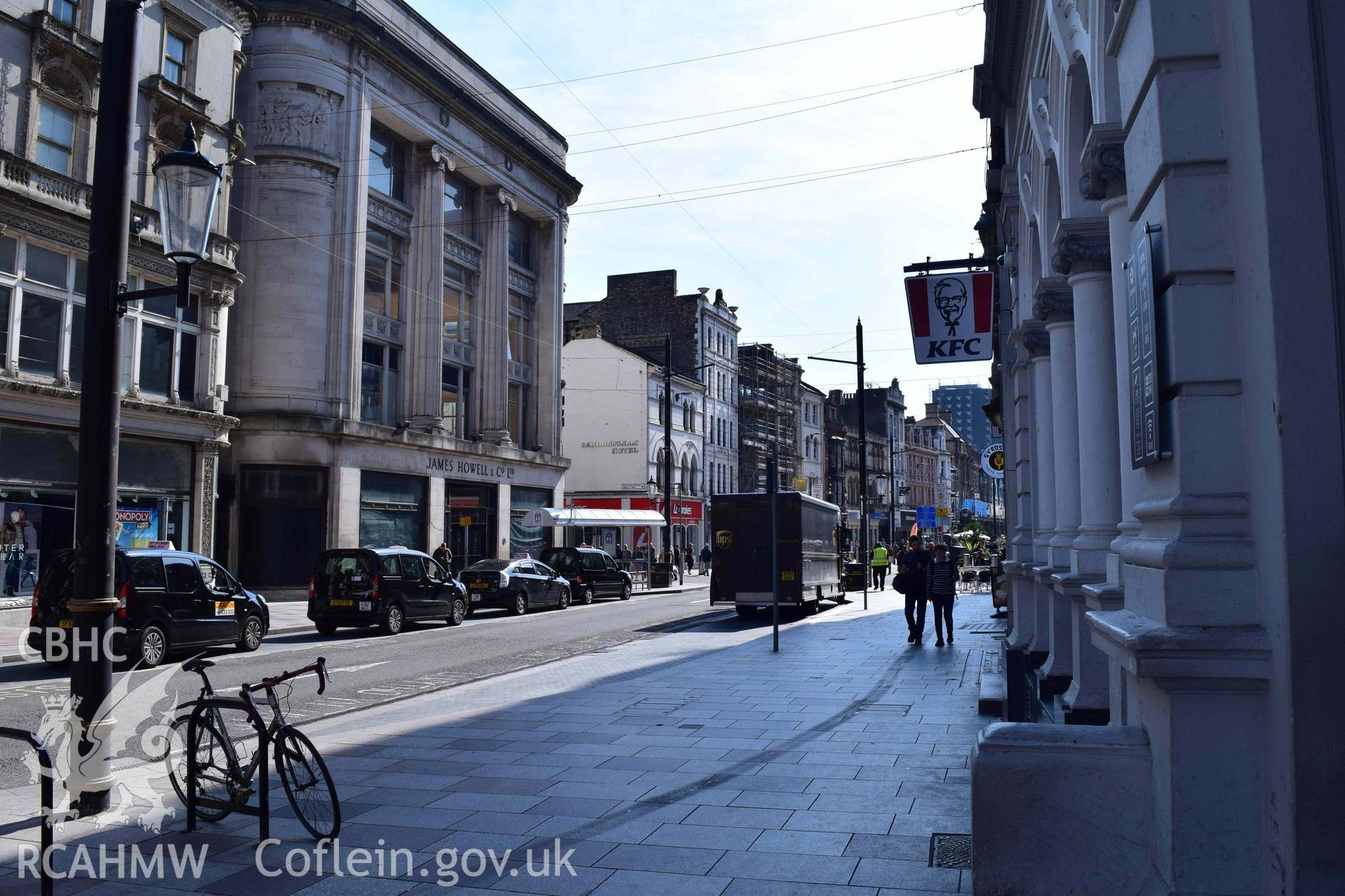 Photograph from a heritage impact assessment of the impact on the St Mary Street Conservation Area, Cardiff, and nearby designated historic assets from proposed alterations to 22, St Mary Street, carried out by Trysor in 2022. Project No. 2022/856.