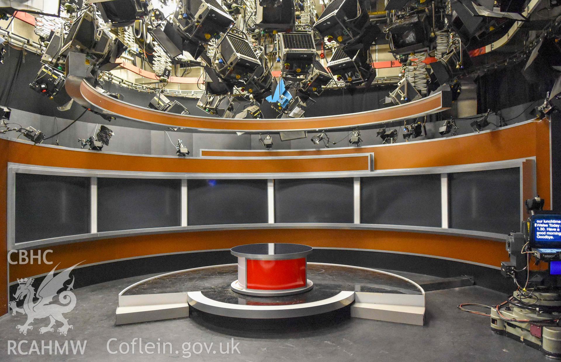 BBC Broadcasting House - Interior, C2 Studio: View of the standing presentation area & secondary elliptic desk, taken from South