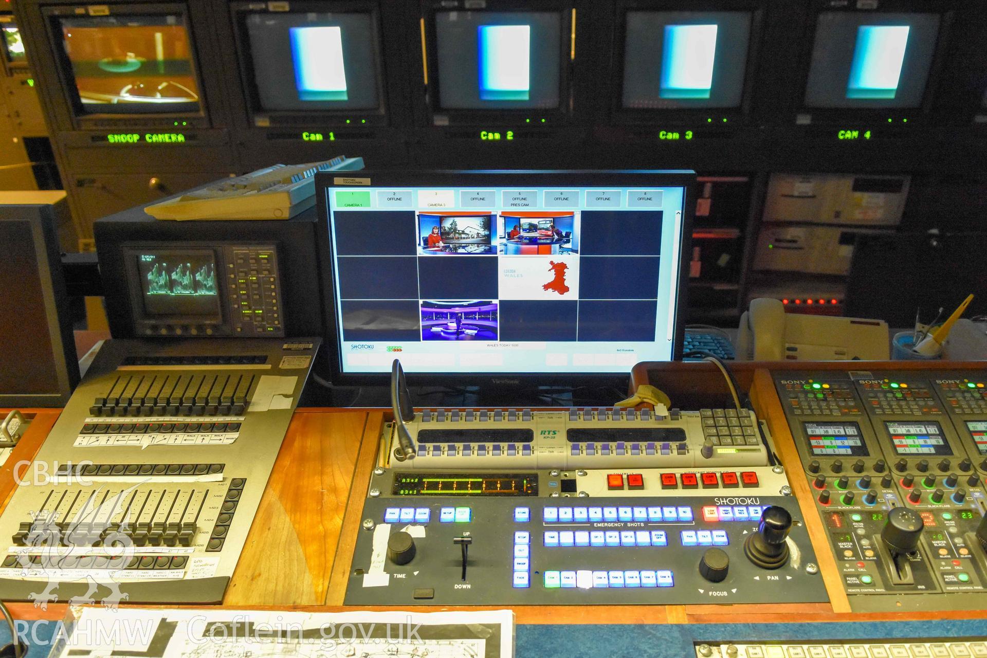 BBC Broadcasting House - Interior, C2 Vision Gallery: View of vision mixing consoles and an intercom system, taken from South