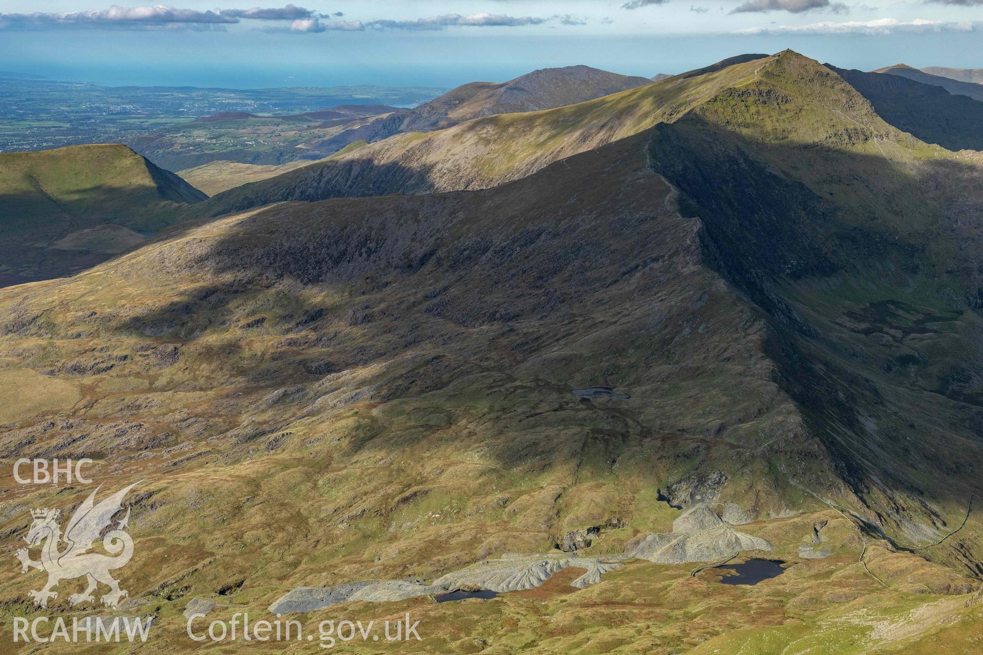 Bwlch Cwmllan slate quarry, landscape view from south with Y Wyddfa/Snowdon beyond