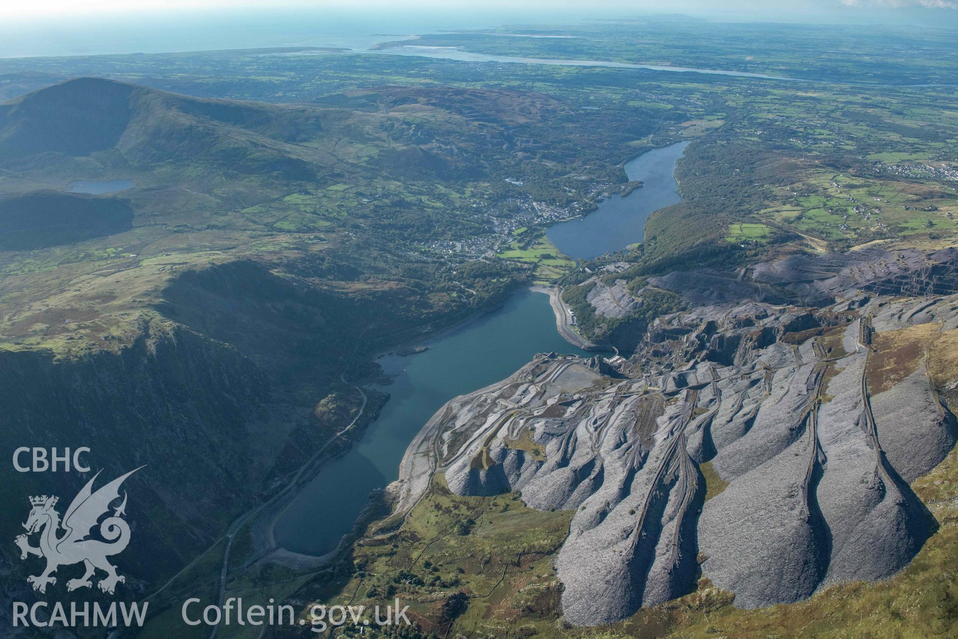 Dinorwic Slate Quarry, wide view from south-east showing ends of tips, and Llyn Peris