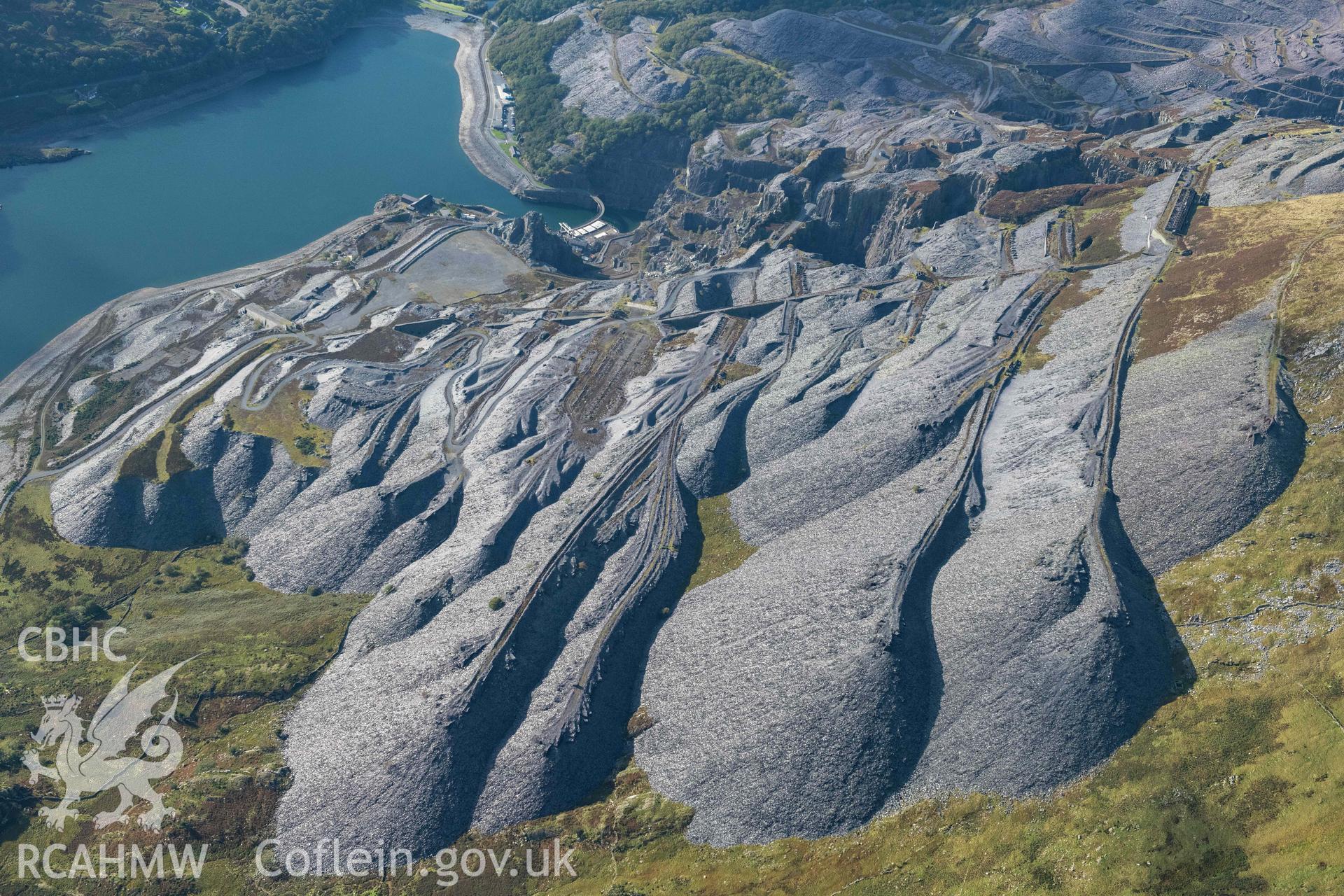 Dinorwic Slate Quarry, wide view from south-east showing ends of tips, and Llyn Peris