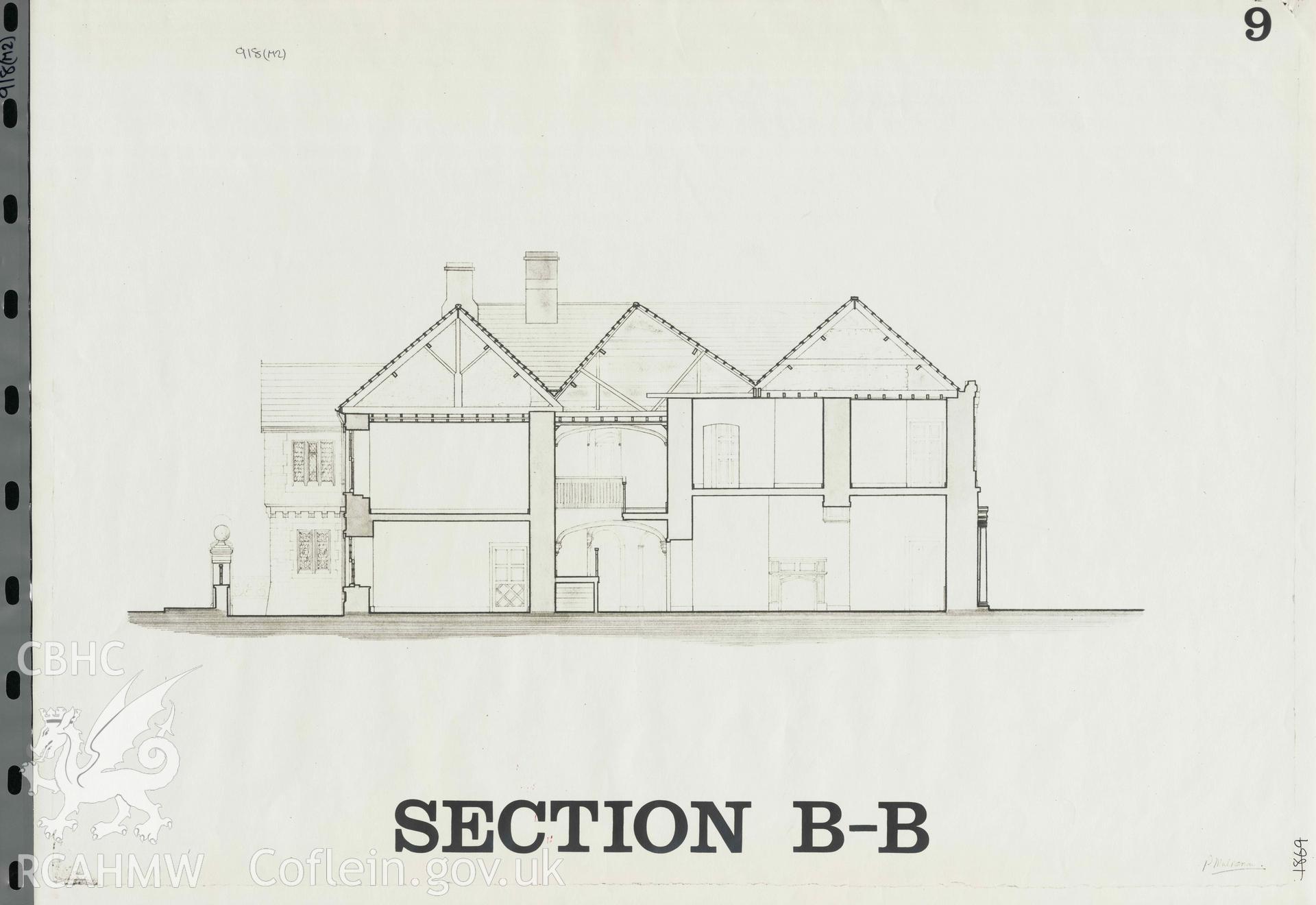 Part of a survey of Old Hall, Cowbridge, comprising measured drawing showing section view, produced by P.H. Mulrenan and O.M. Maddocks, 1966. Digitised copy available.