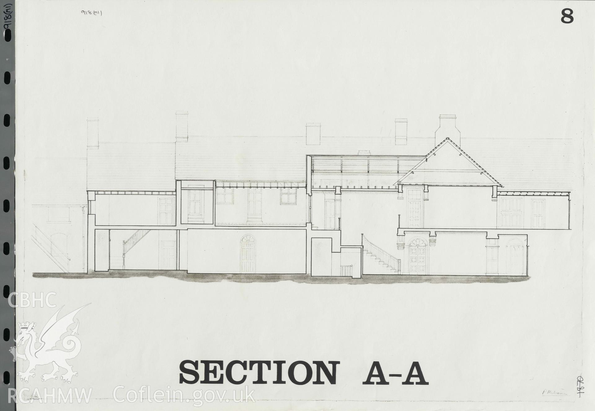Part of a survey of Old Hall, Cowbridge, comprising measured drawing showing section view, produced by P.H. Mulrenan and O.M. Maddocks, 1966. Digitised copy available.
