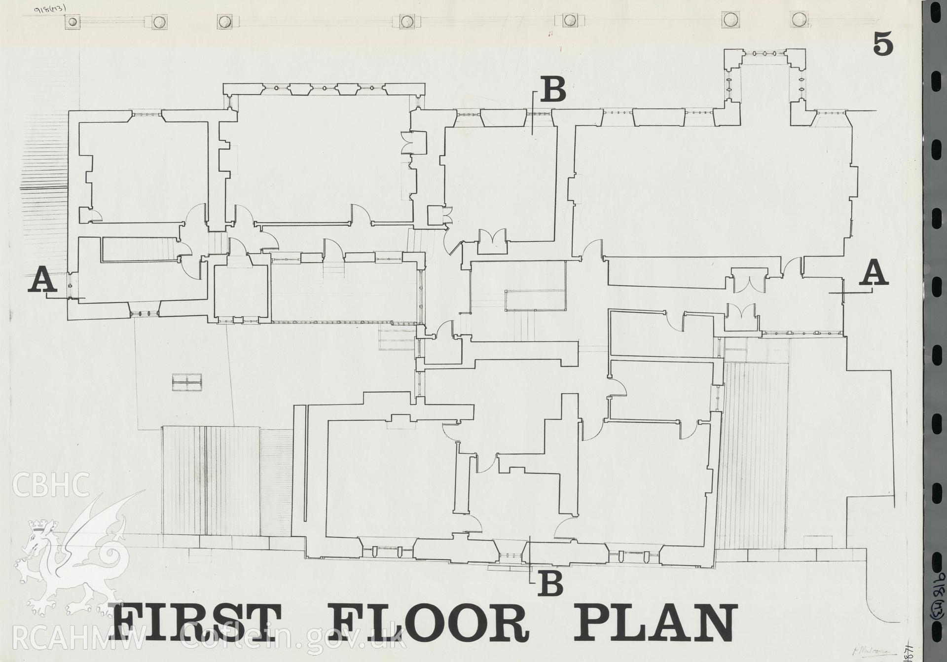 Part of a survey of Old Hall, Cowbridge, comprising first floor plan, produced by P.H. Mulrenan and O.M. Maddocks, 1966.Digitised copy available.