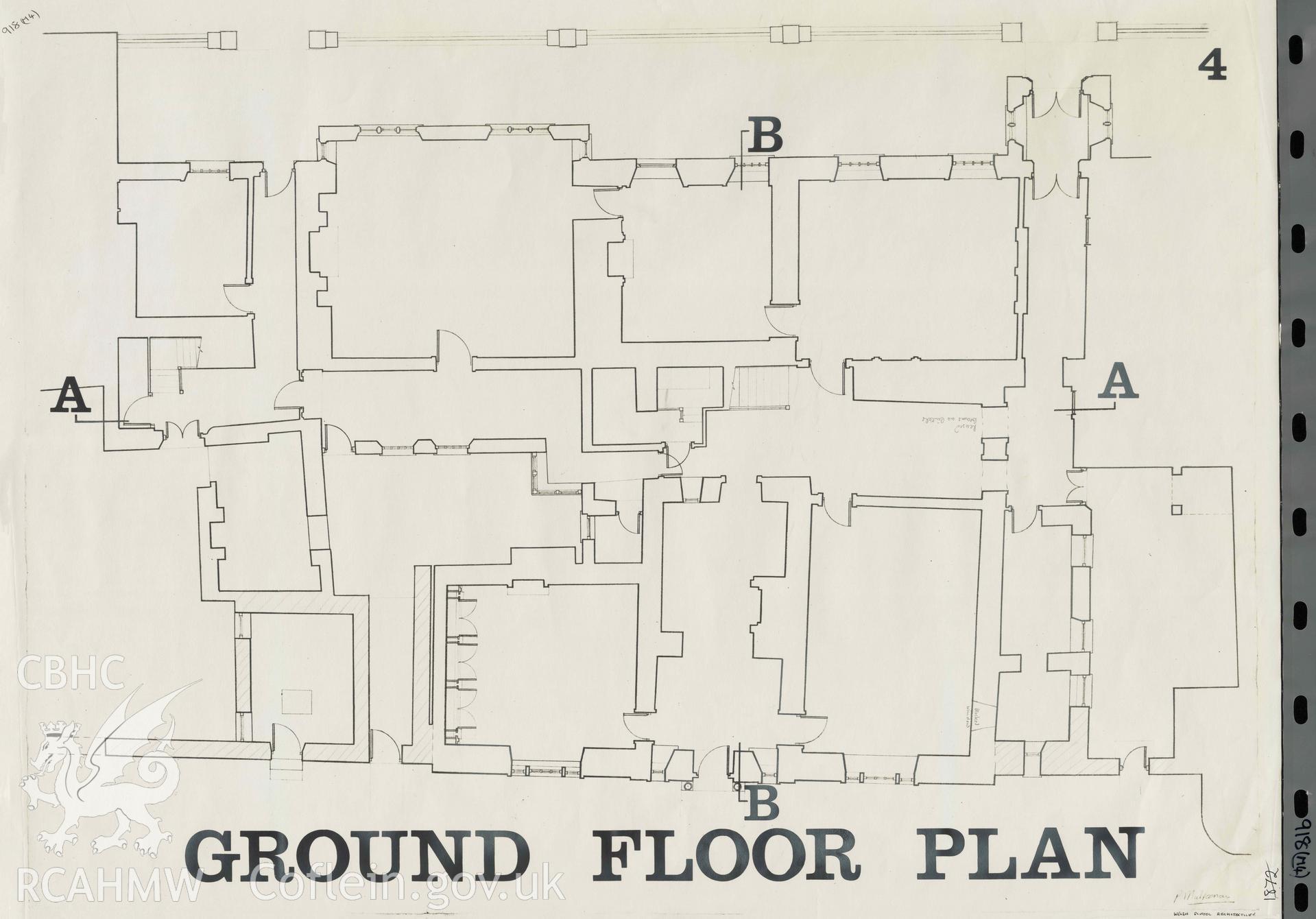 Part of a survey of Old Hall, Cowbridge, comprising ground floor plan, produced by P.H. Mulrenan and O.M. Maddocks, 1966. Digitised copy available.