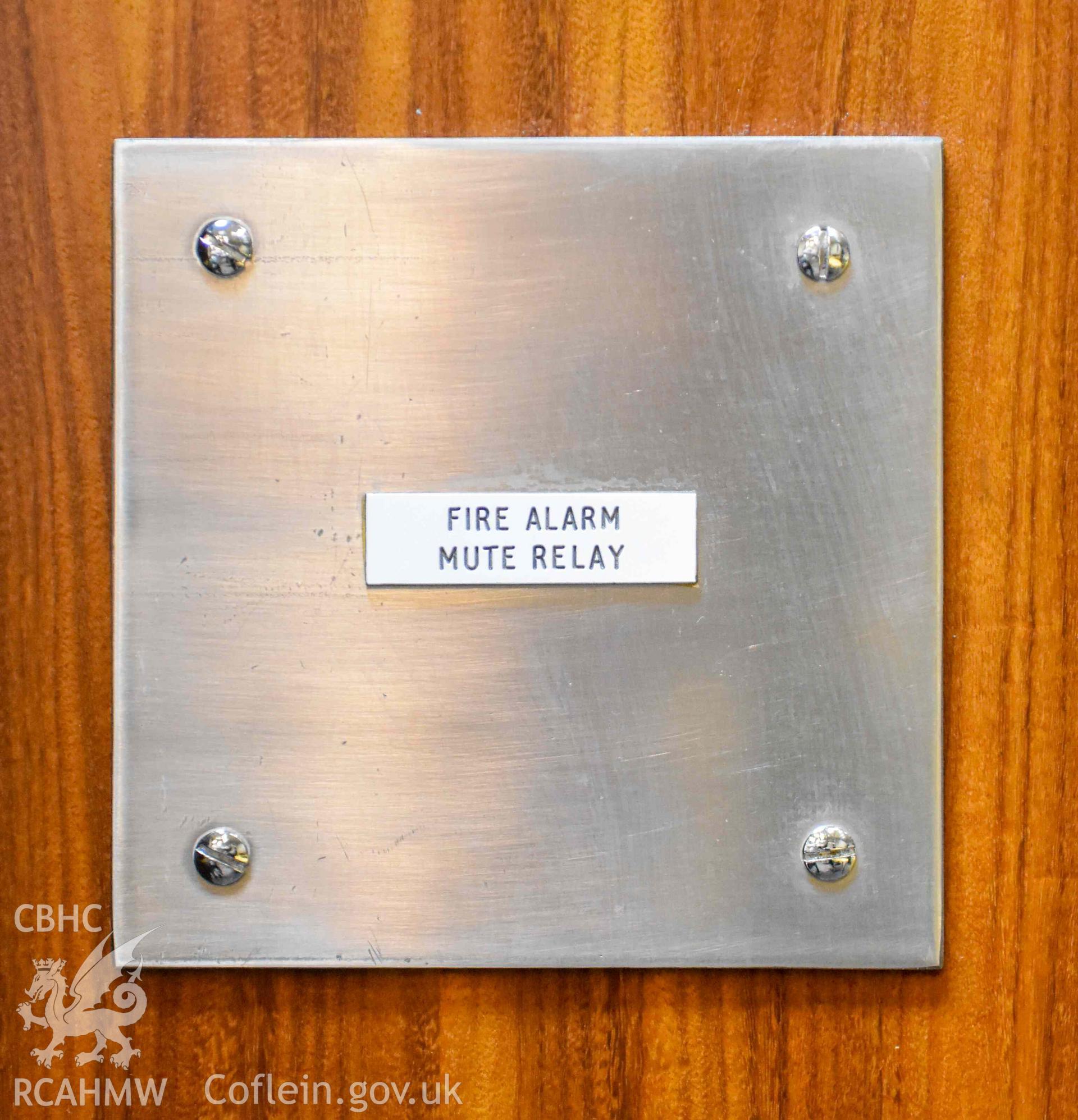 BBC Broadcasting House - Interior, C3 Radio Drama Control Room: View of the fire alarm mute relay sign, taken from South