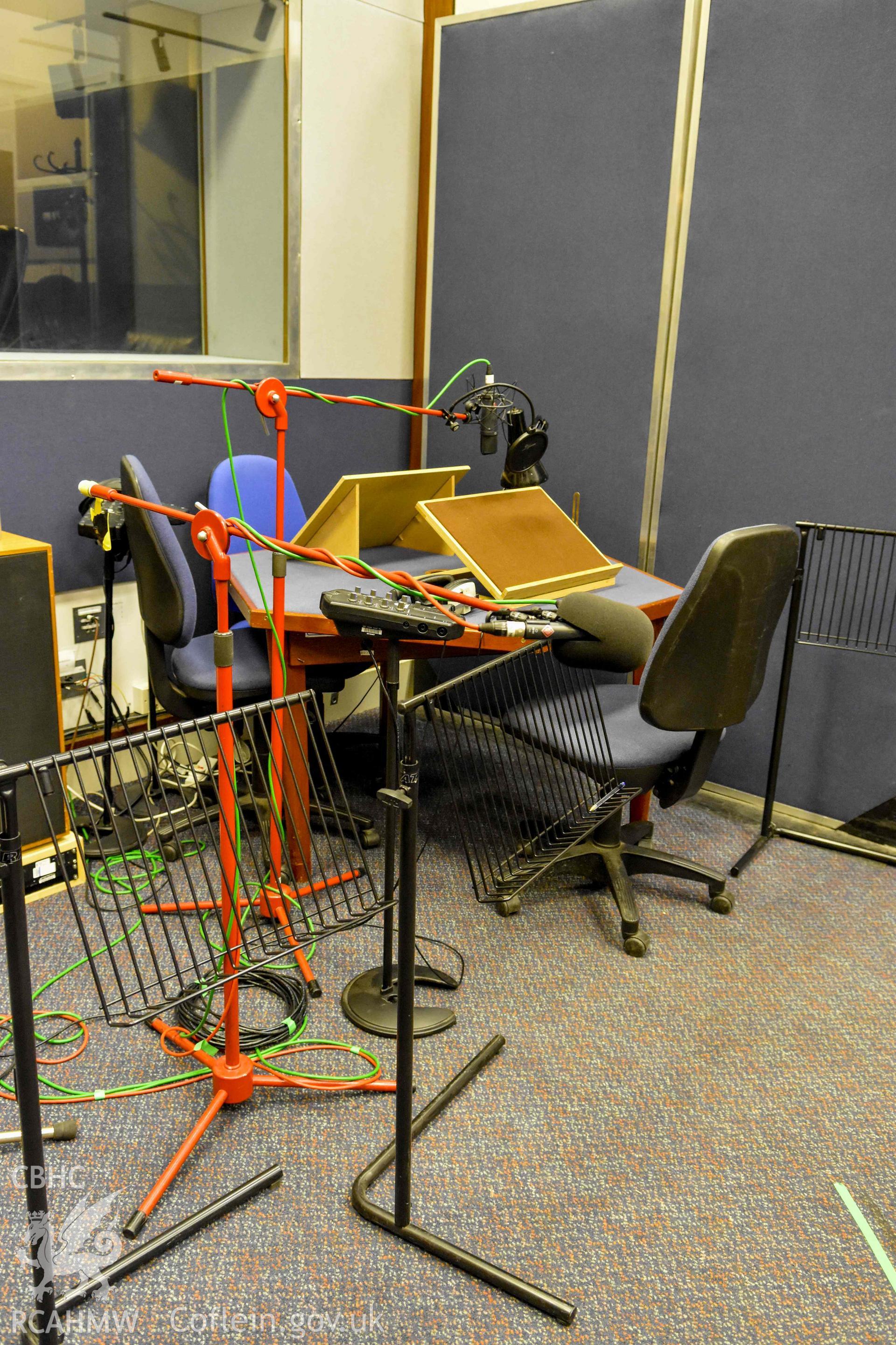 BBC Broadcasting House - Interior, C3 Radio Drama Studio: View of audio recording equipment, reading table in the background, taken from West