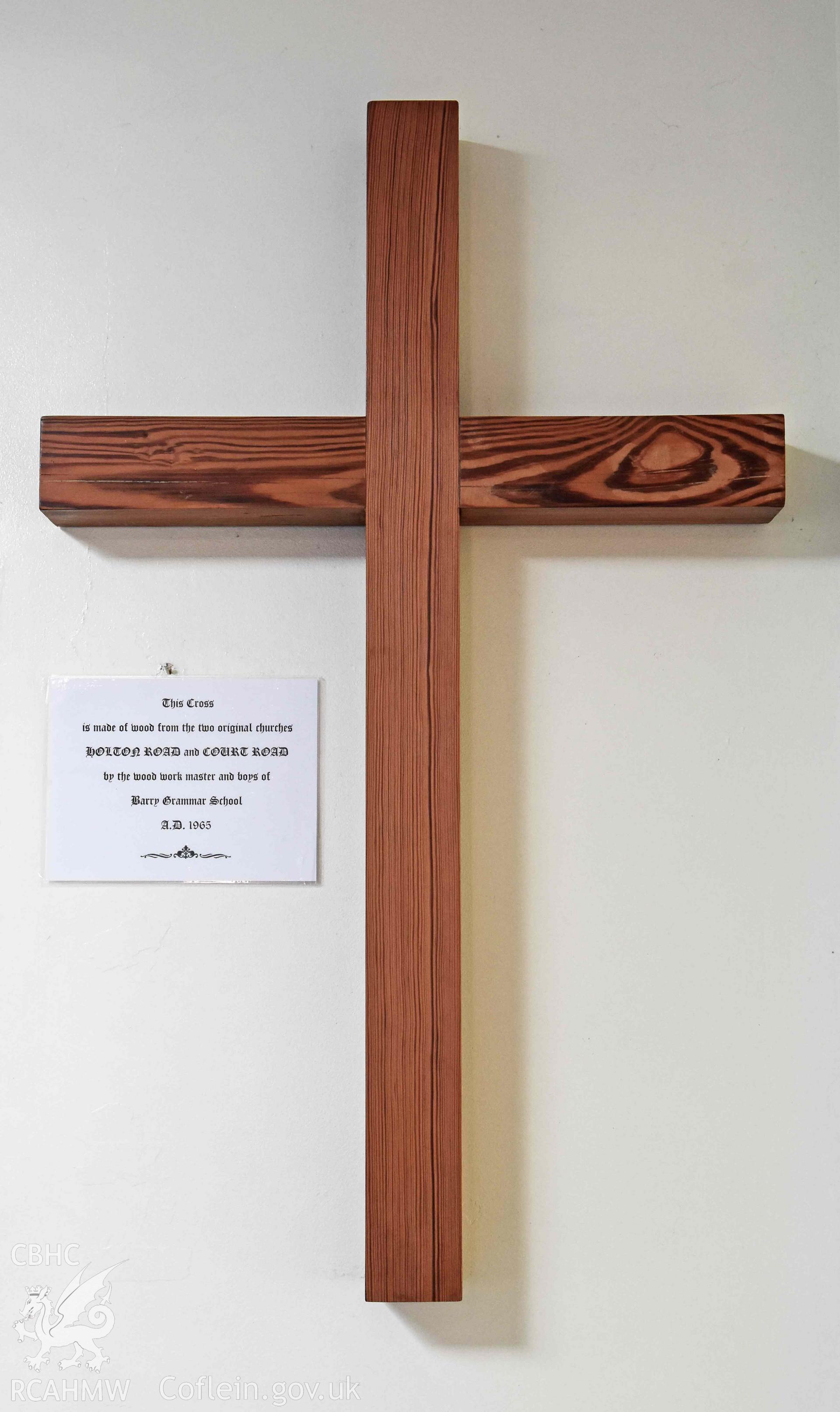 Crossway Methodist Church, detail of cross in foyer made from wood from the Bolton Road and Court Road chapels