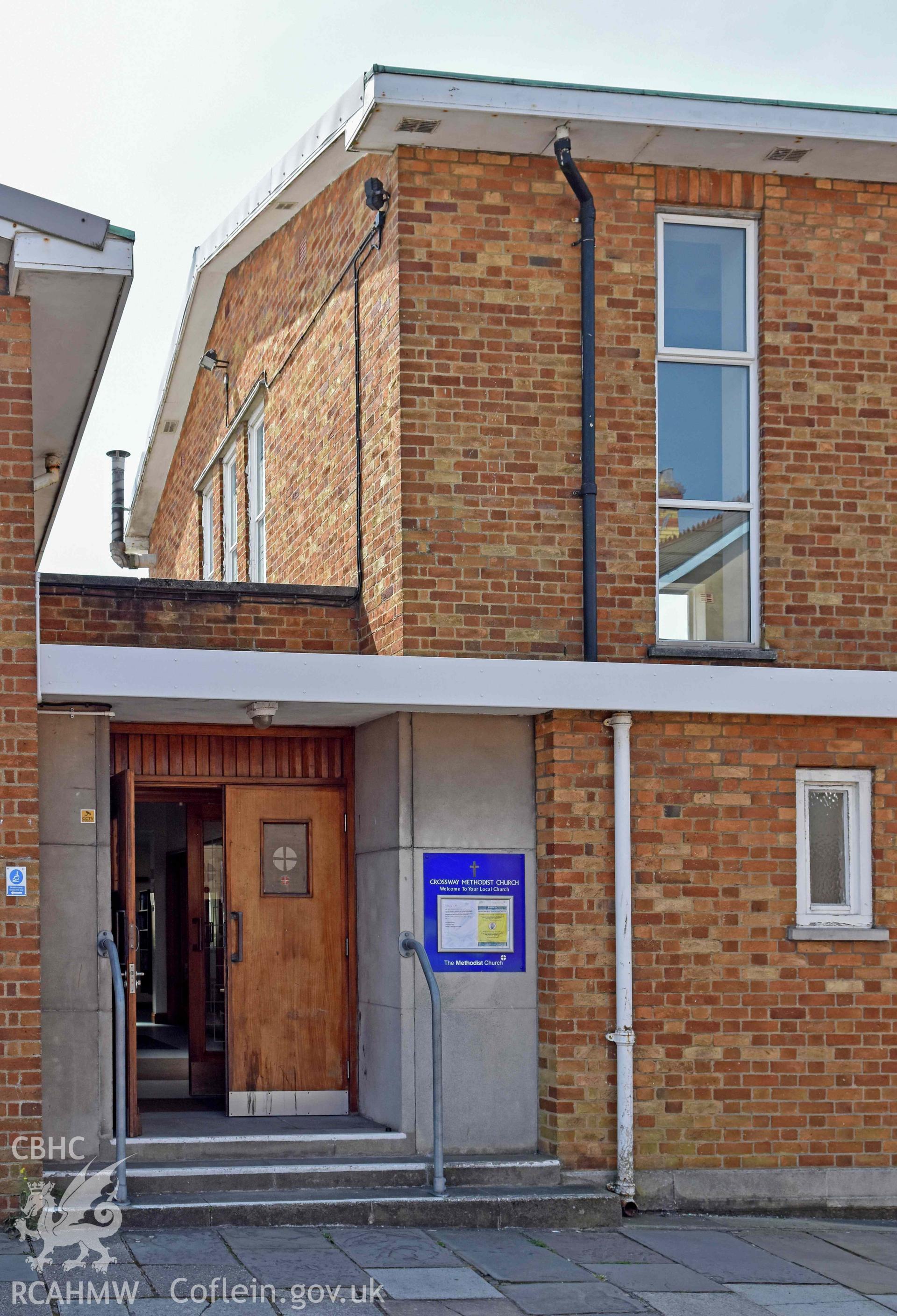 Crossway Methodist Church, exterior of entrance, northern side between main chapel and rear range from the north