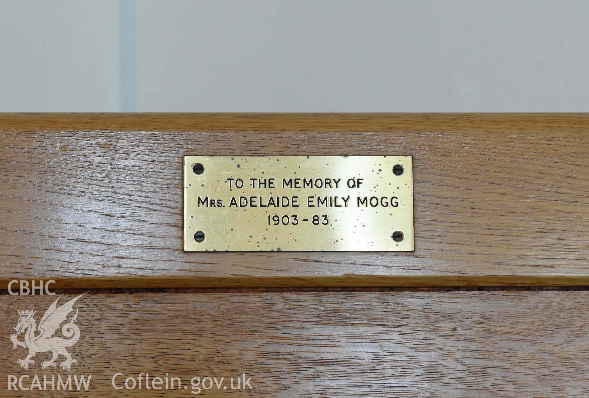 Crossway Methodist Church, main auditorium detail of memorial chair on dias to the memory of Adelaide Mogg