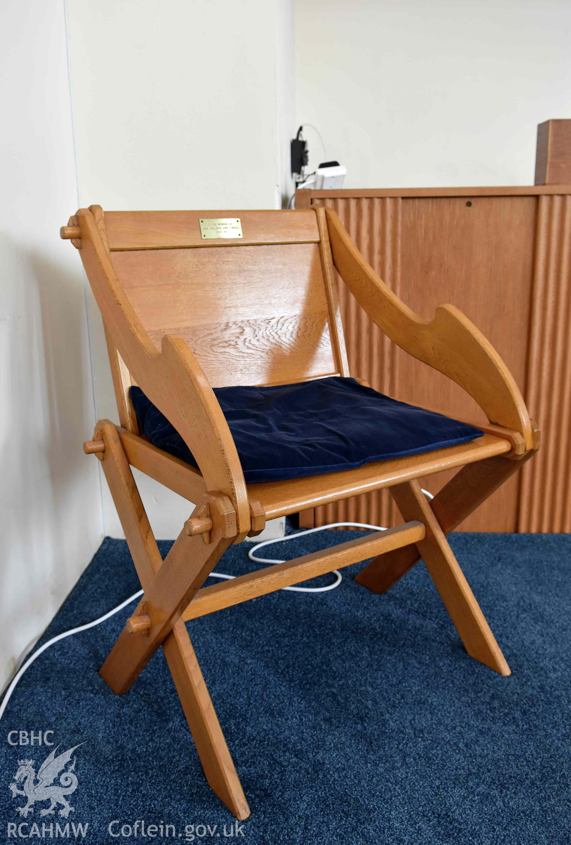 Crossway Methodist Church, main auditorium detail of memorial chair on dias to the memory of Adelaide Mogg