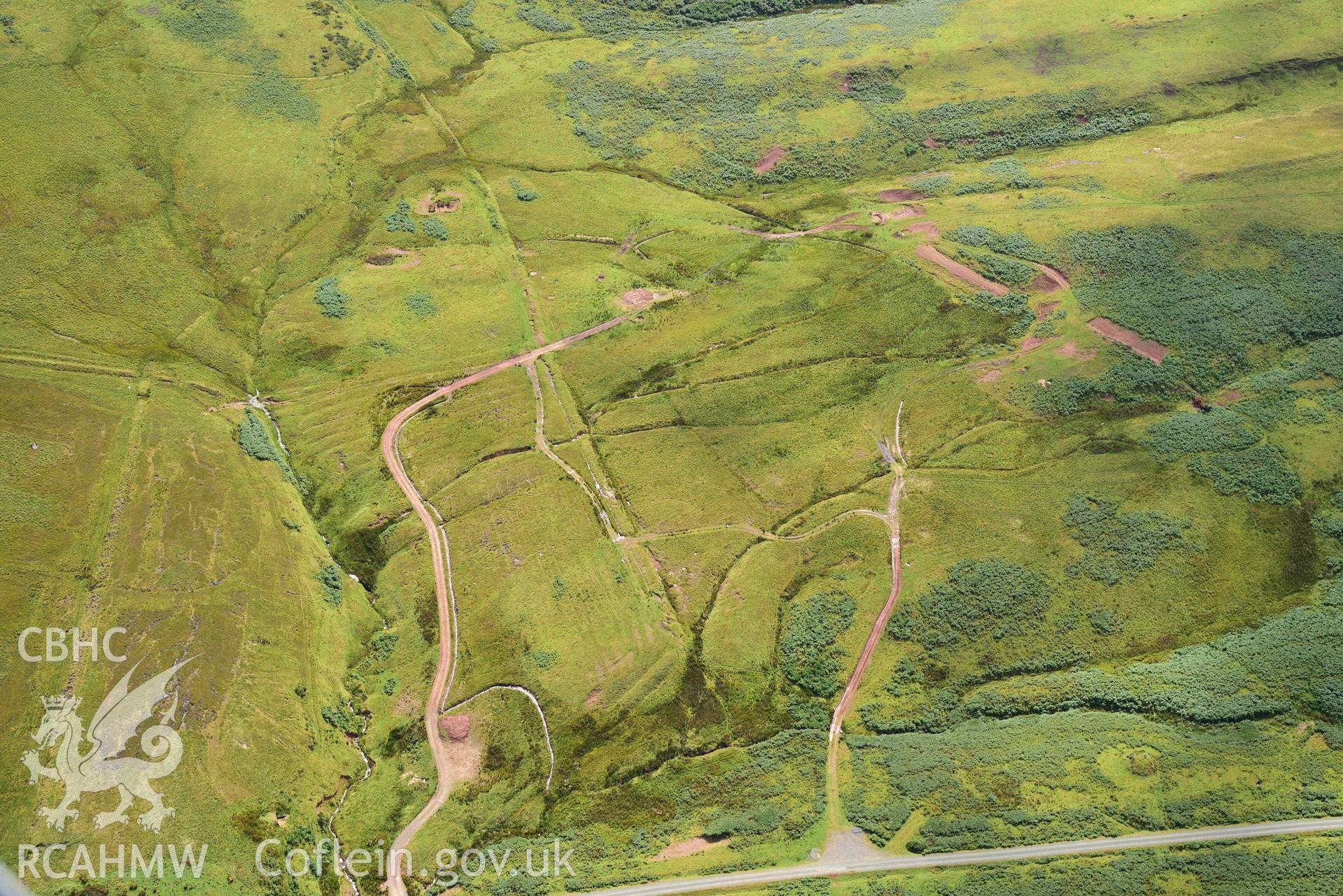 Llawr y Dolau west, field enclosures and ridge and furrow, with military training