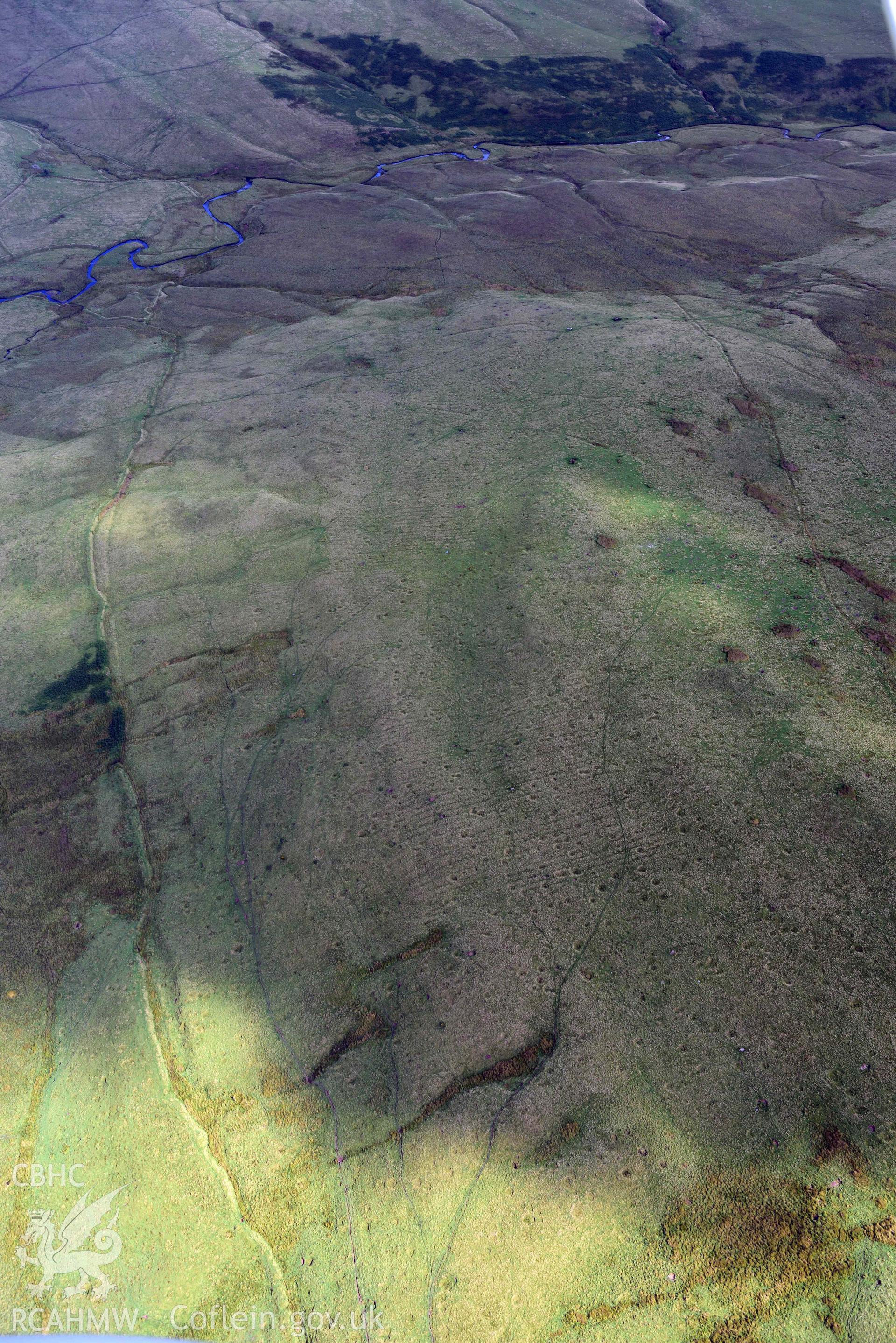 Ysgir fawr field systems, with ridge and furrow and artillery craters, view looking east