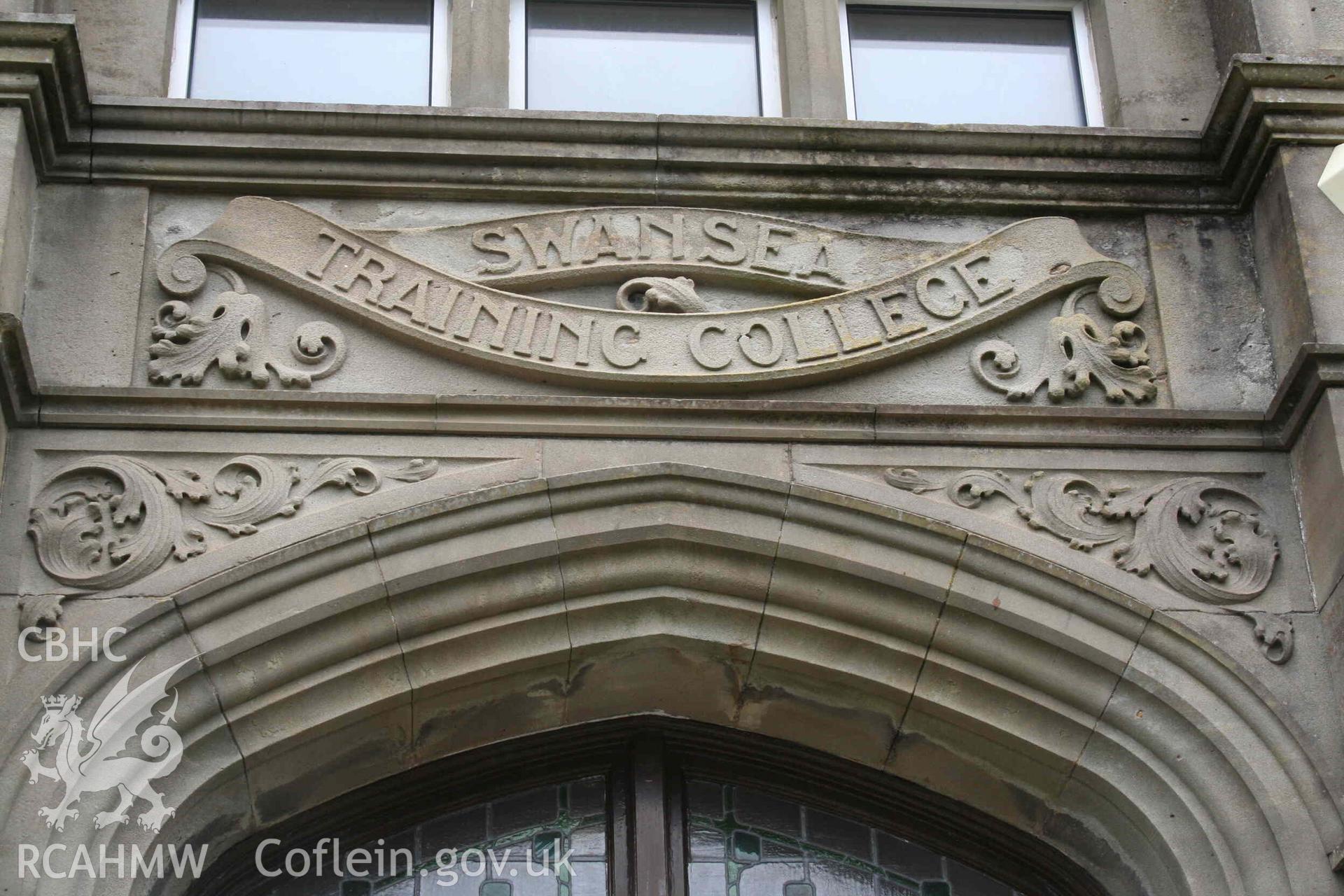 Detail of name panel over main door. Photograph from an Archaeological Level 3 Building Recording for The Former Women’s Training College, UWSTD Townhill Campus, Townhill Road, Swansea. Dated 2021. Project: AW2915.