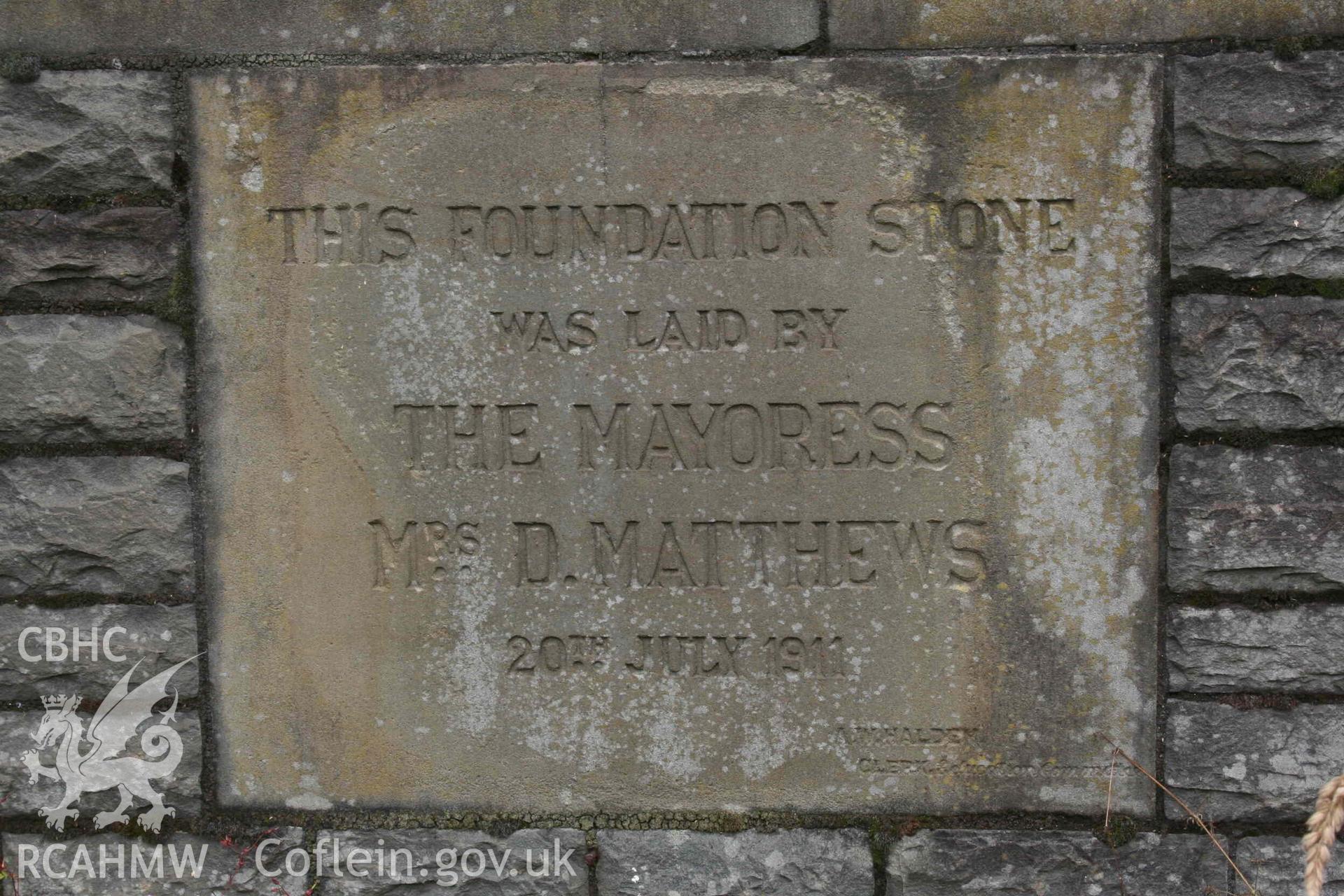 Detail of foundation stone to the west side of the main entrance. Photograph from an Archaeological Level 3 Building Recording for The Former Women’s Training College, UWSTD Townhill Campus, Townhill Road, Swansea. Dated 2021. Project: AW2915.