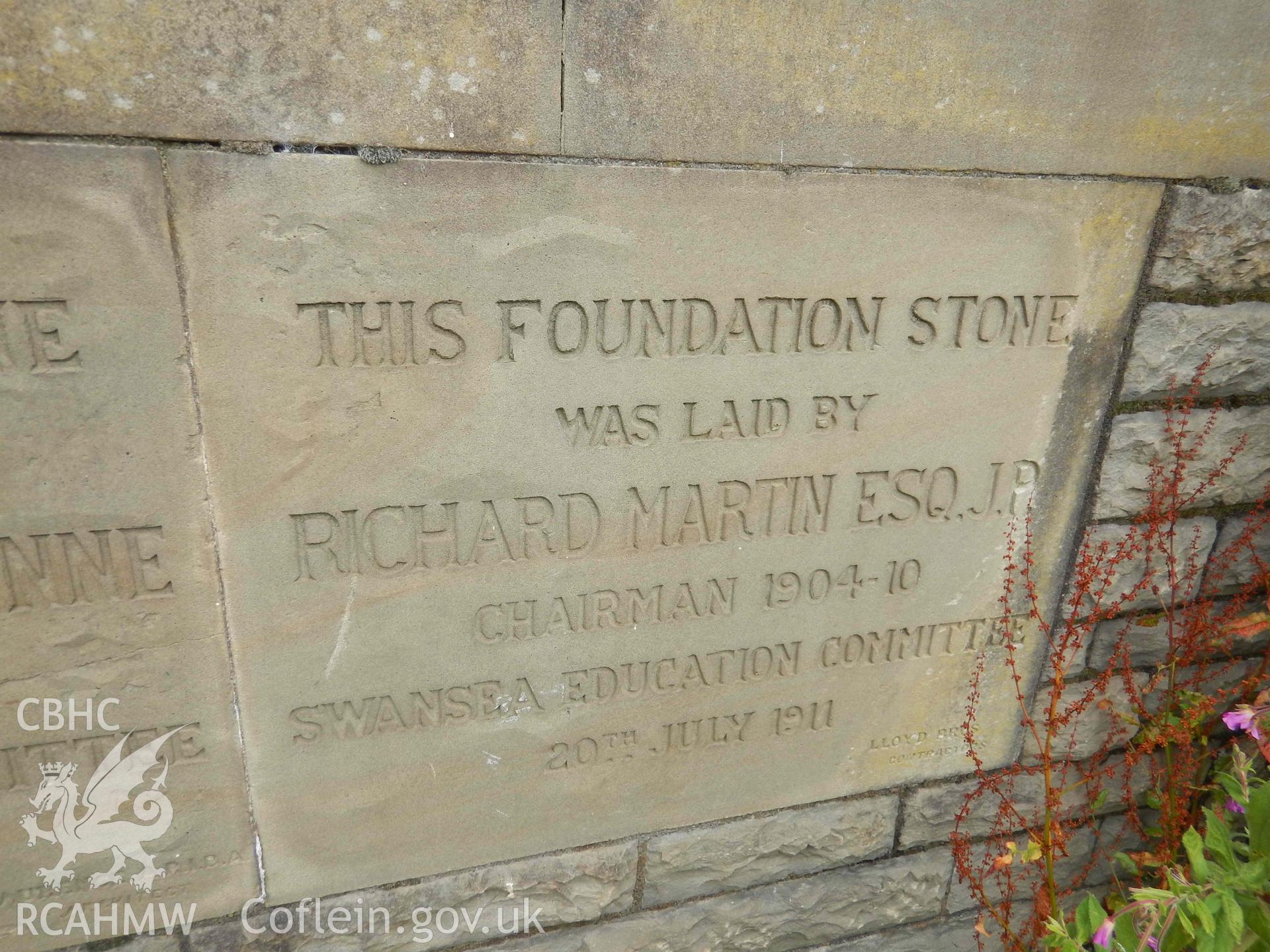 Detail of eastern foundation stone to the east side of the main entrance. Photograph from an Archaeological Level 3 Building Recording for The Former Women’s Training College, UWSTD Townhill Campus, Townhill Road, Swansea. Dated 2021. Project: AW2915.