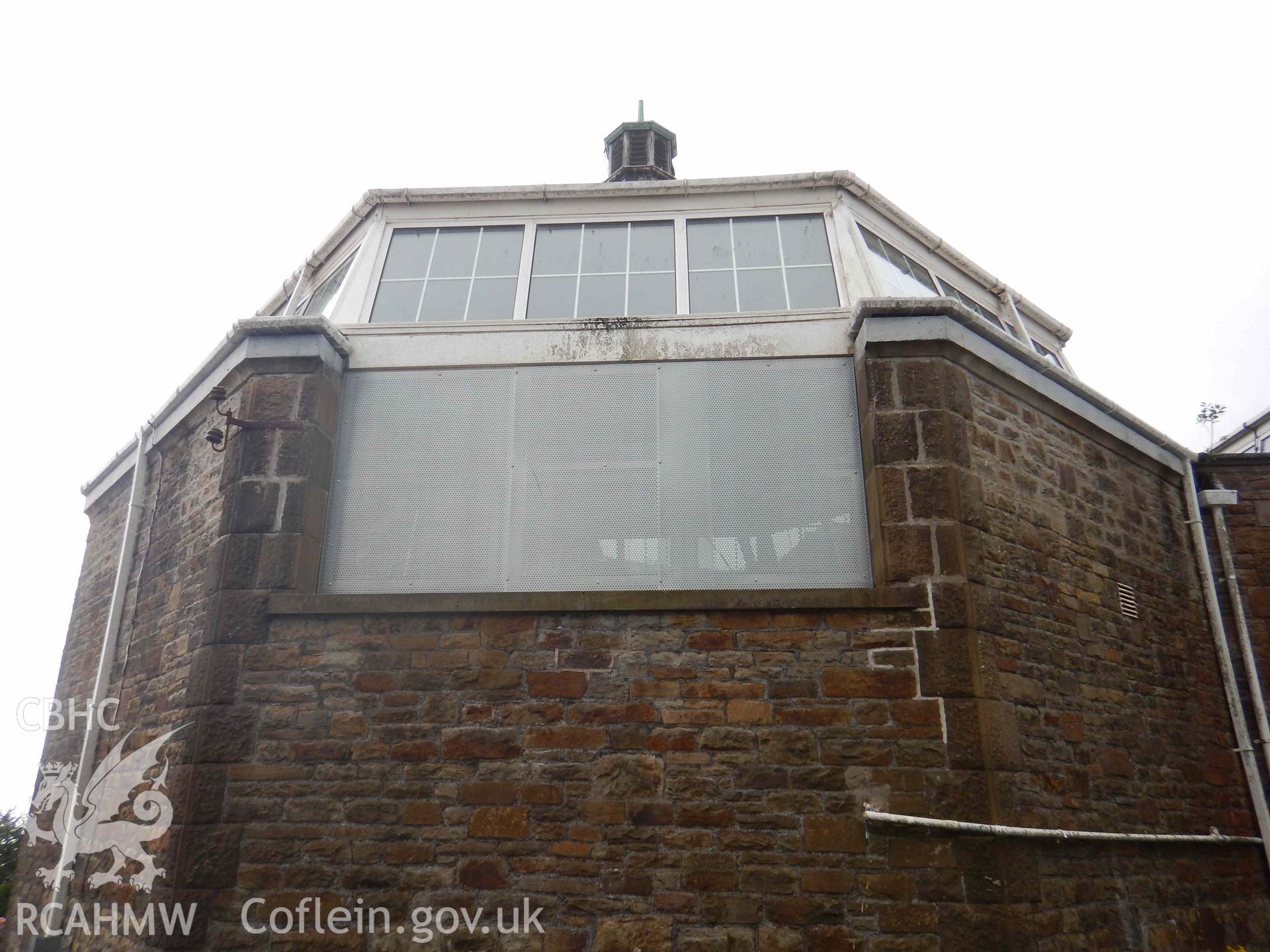 Detail of window on north-facing elevation of eastern octagonal tower, looking south. Photograph from an Archaeological Level 3 Building Recording for The Former Women’s Training College, UWSTD Townhill Campus, Townhill Road, Swansea. Dated 2021. Project: AW2915.