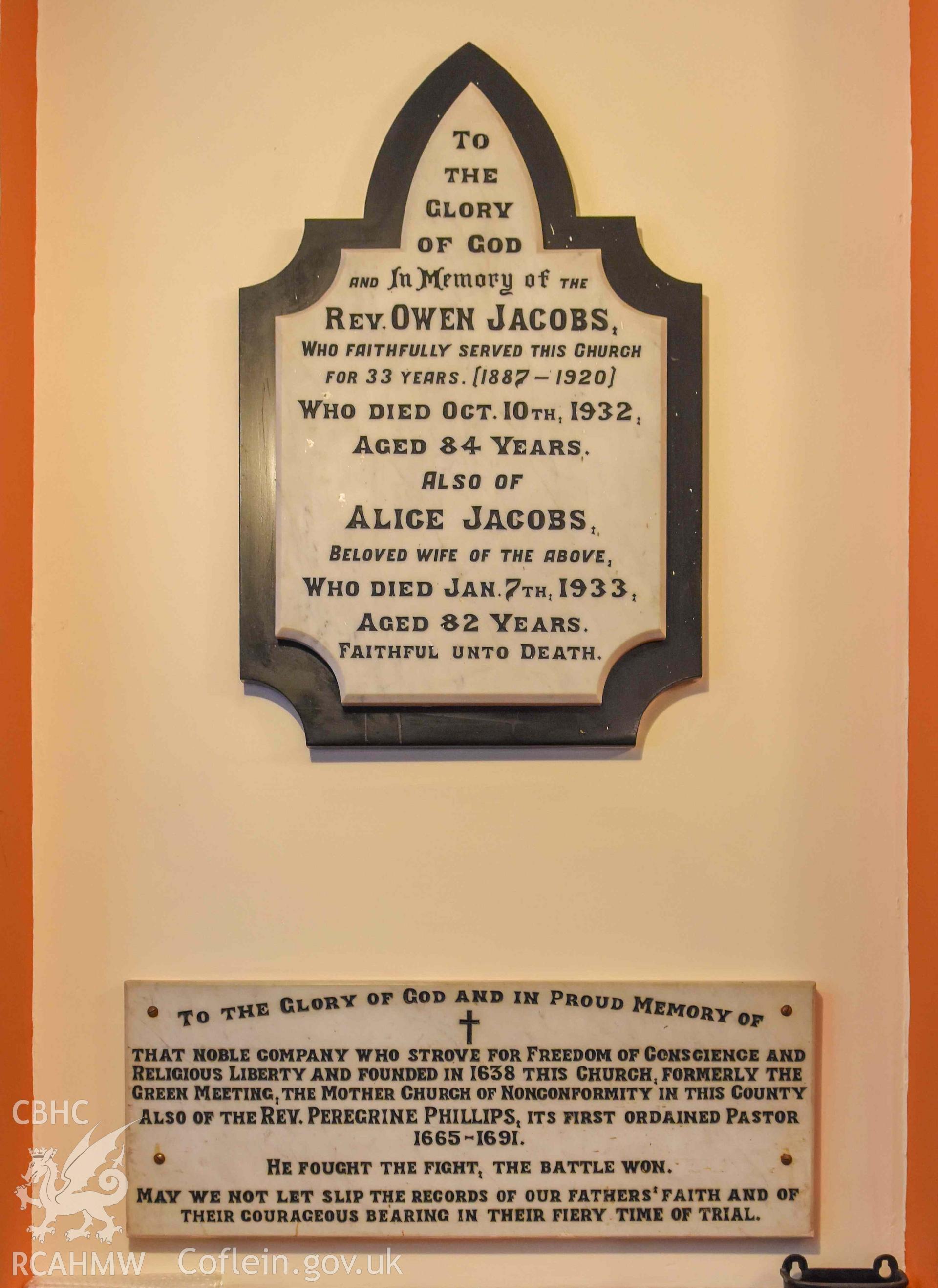 Albany Congregational Chapel - View of memorials to Rev. Owen Jacobs, his wife, Alice Jacobs and the founders of the church and Rev. Peregrine Phillips, taken from North-East
