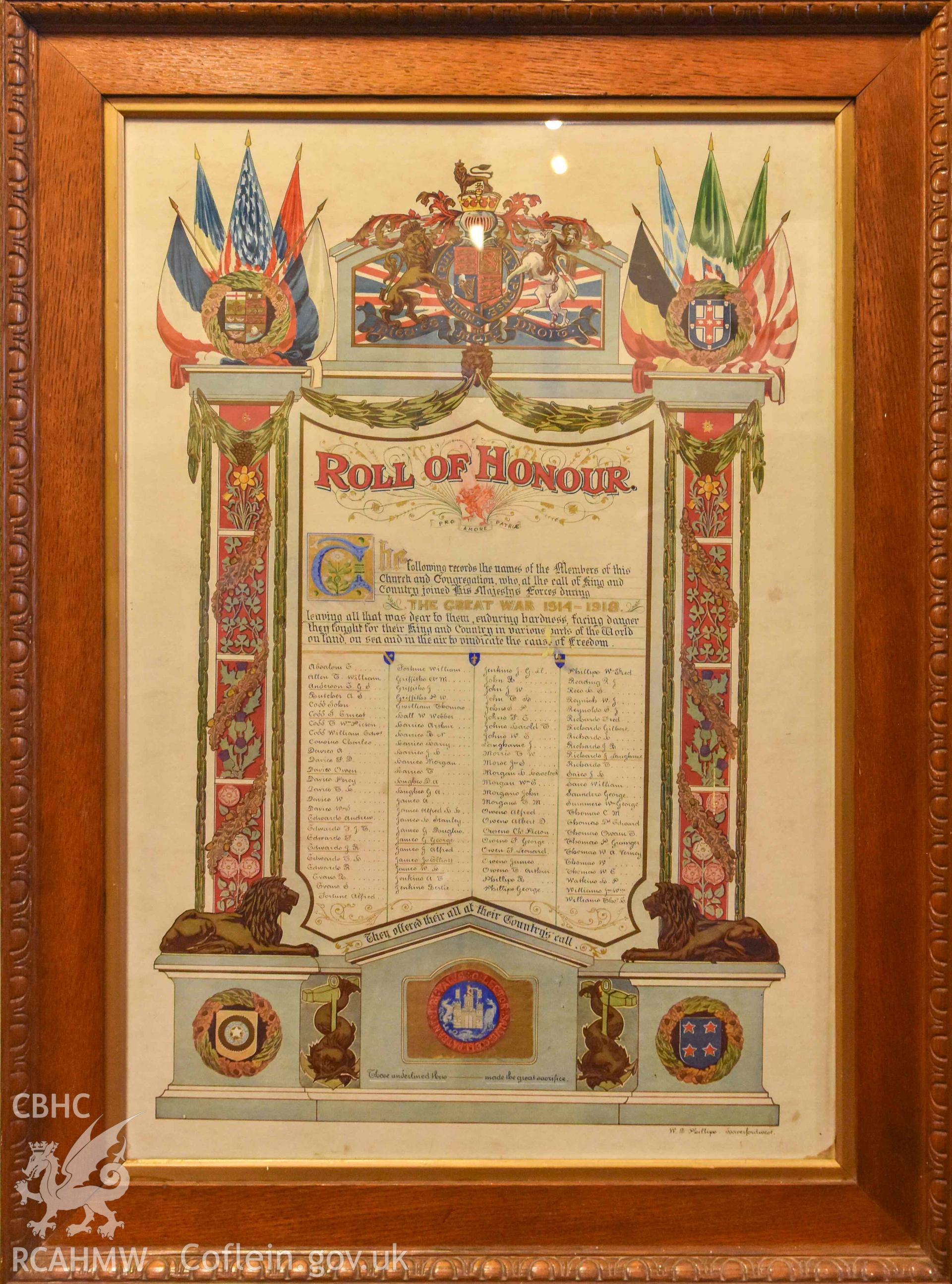 Albany Congregational Chapel - Detailed view of a roll of honour recording the names of church members who joined the armed forces during the First World War