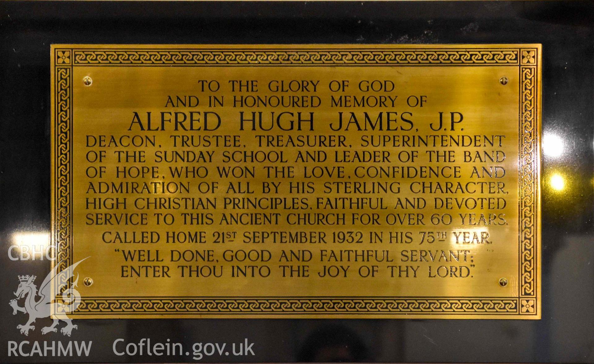 Albany Congregational Chapel - Detailed view of a memorial to Alfred Hugh James, J.P.