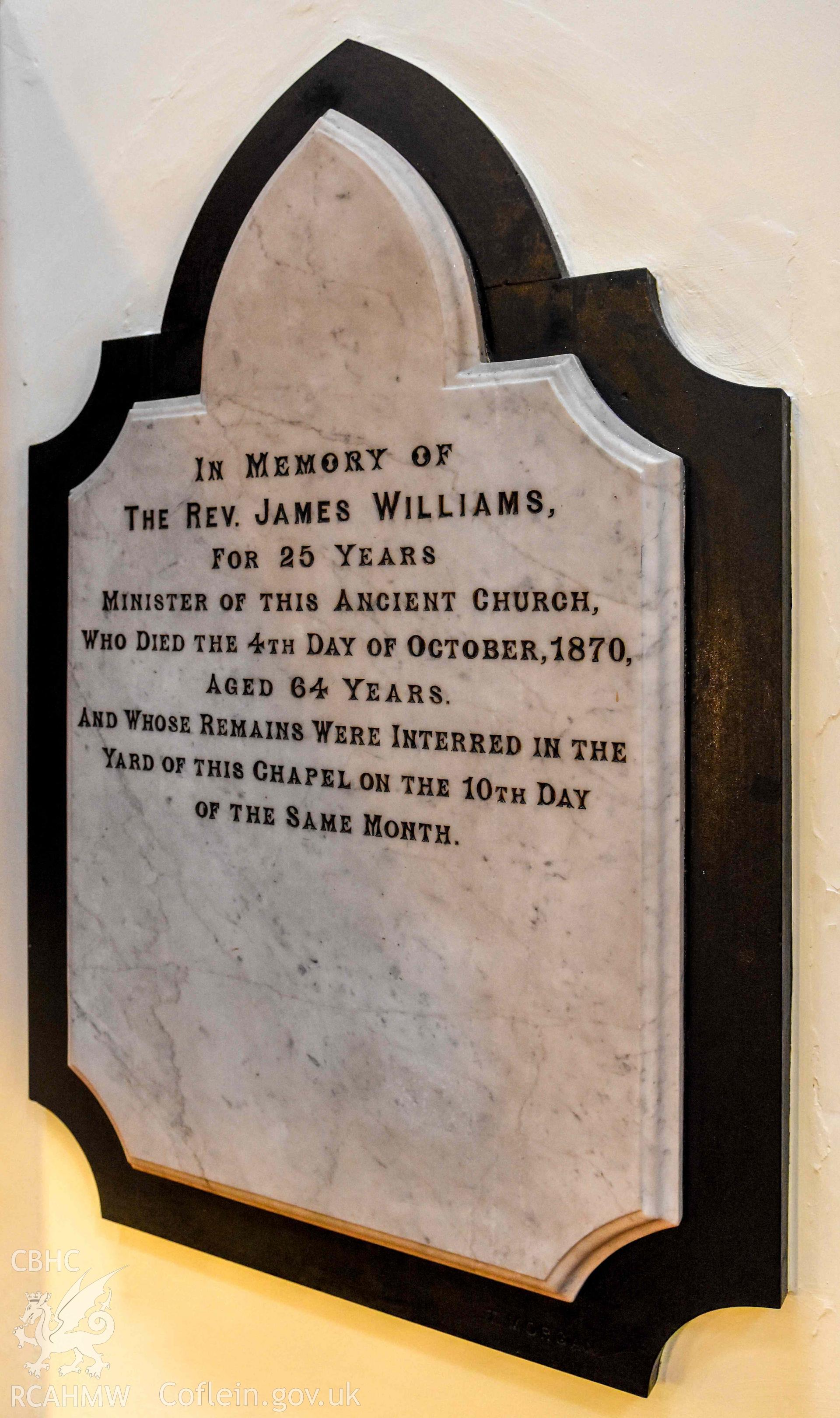 Albany Congregational Chapel - View of a memorial for Rev. James Williams, taken from South-West
