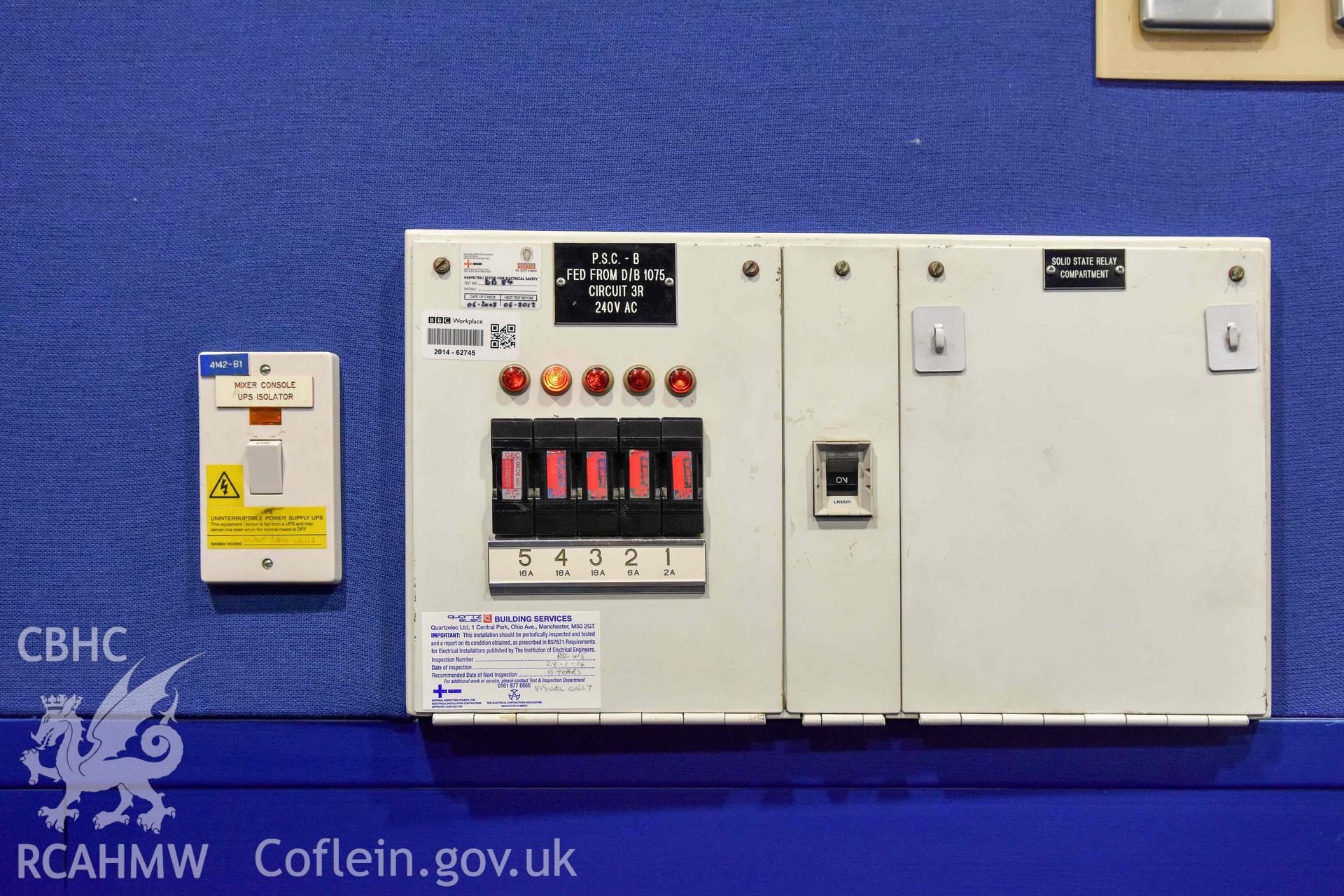 BBC Broadcasting House - Interior, Dubbing Theatre B: View of the theatre's fuse box and Uninterruptible Power Supply Isolator, taken from