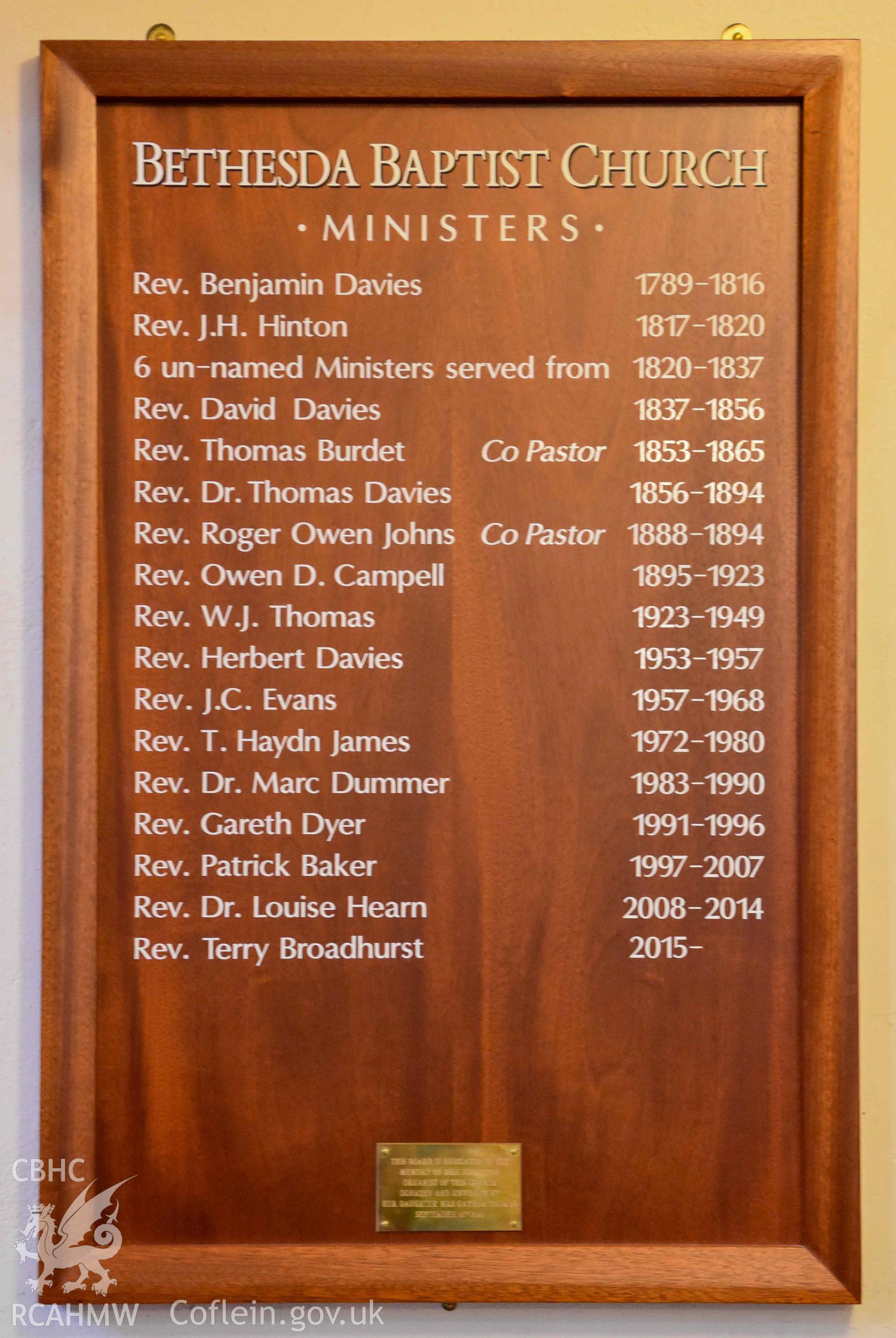 Bethesda English Baptist Church - Detailed view of a board commemorating the ministers of the church