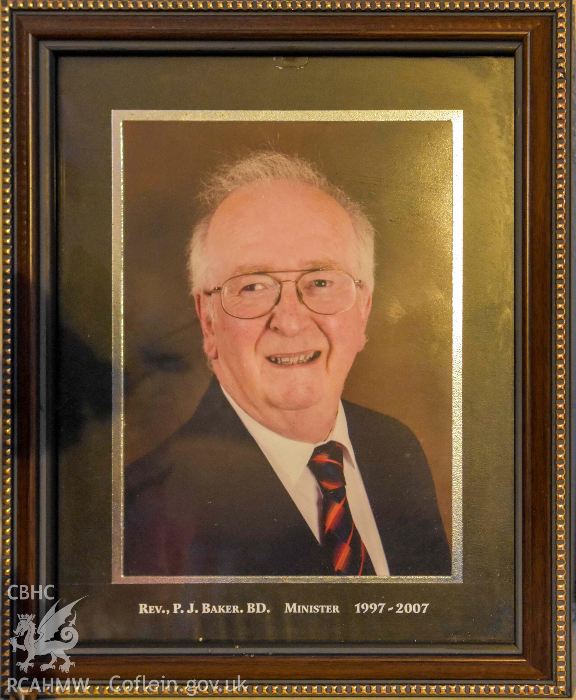 Bethesda English Baptist Church - Detailed view of a portrait of Rev., P. J. Baker. BD (minister, 1997-2007)