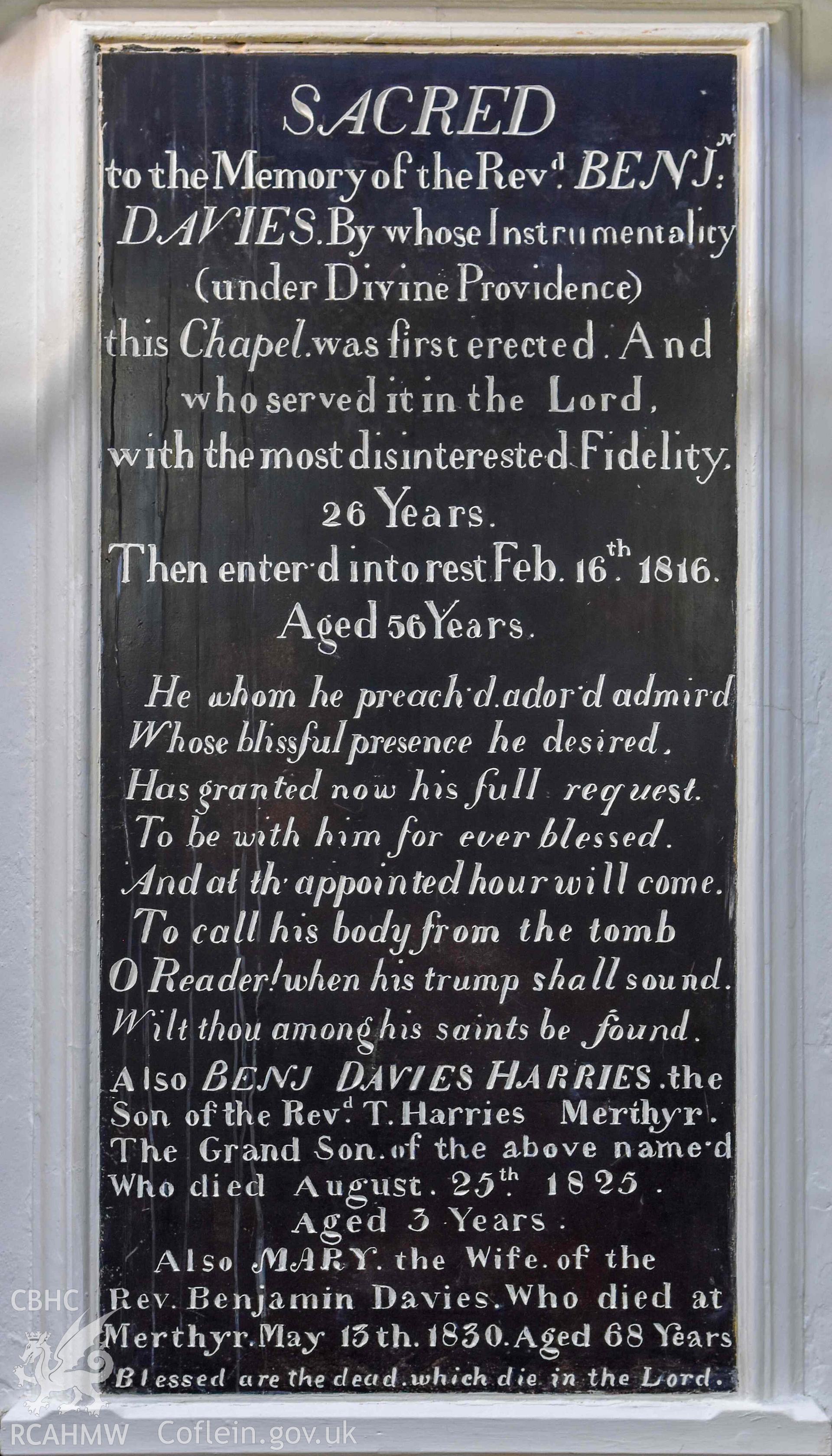 Bethesda English Baptist Church - Detailed view of a memorial to Benjamin Davies, Benjamin Davies Harries and Mary Davies