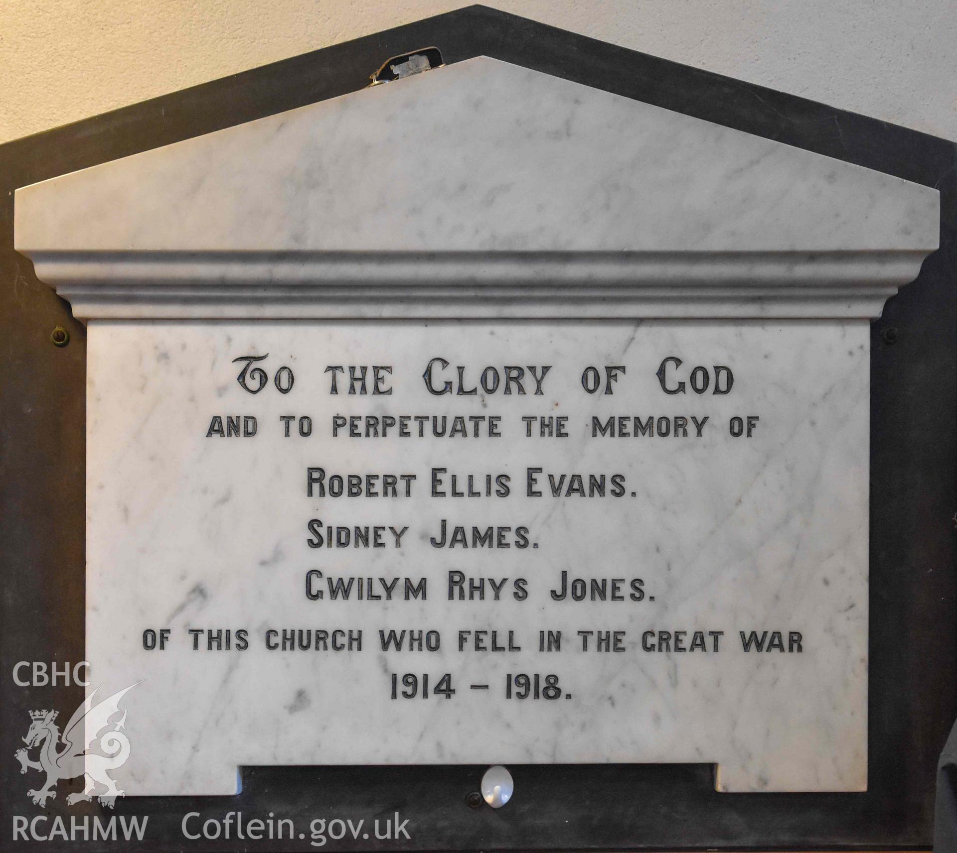 Ebenezer Calvinistic Methodist Chapel - Detailed view of a memorial to Robert Ellis Evans, Sidney James and Gwilym Rhys Jones, church members who died in the First World War