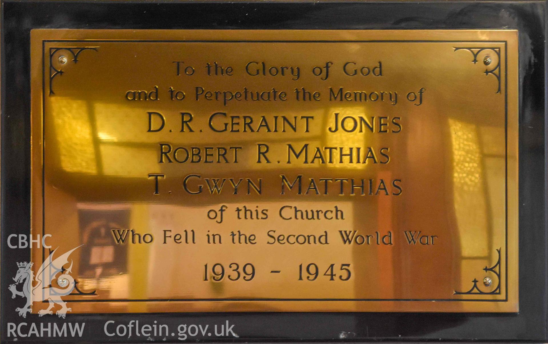 Ebenezer Calvinistic Methodist Chapel - Detailed view of a memorial to D. R. Geraint Jones, Robert R. Mathias and T. Gwyn Matthias, church members who died in the Second World War