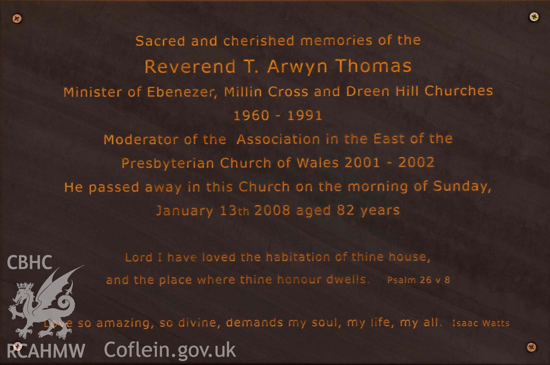 Ebenezer Calvinistic Methodist Chapel - Detailed view of a memorial to Reverend T. Arwyn Thomas