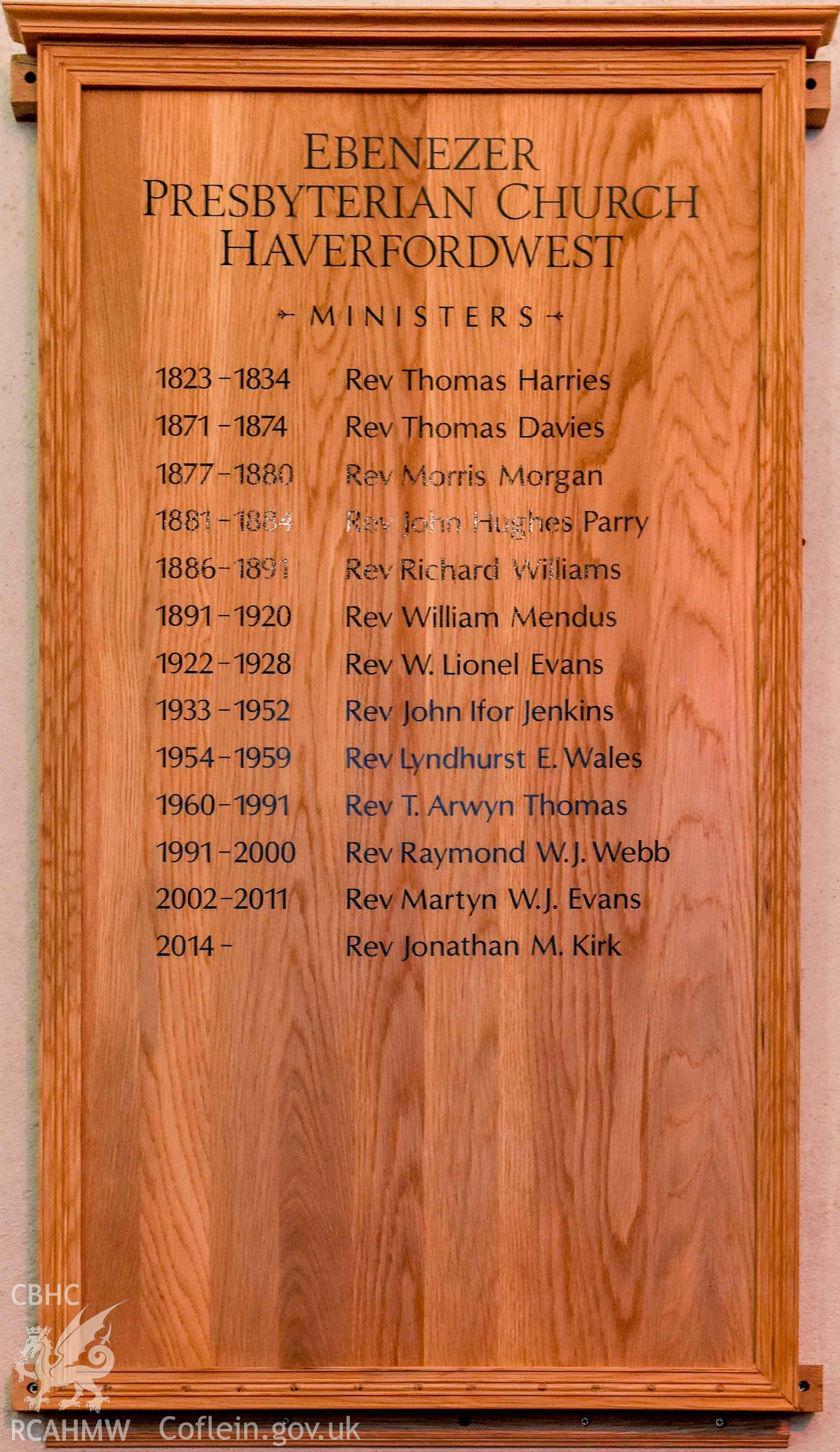 Ebenezer Calvinistic Methodist Chapel - Detailed view of a board listing the ministers of the church