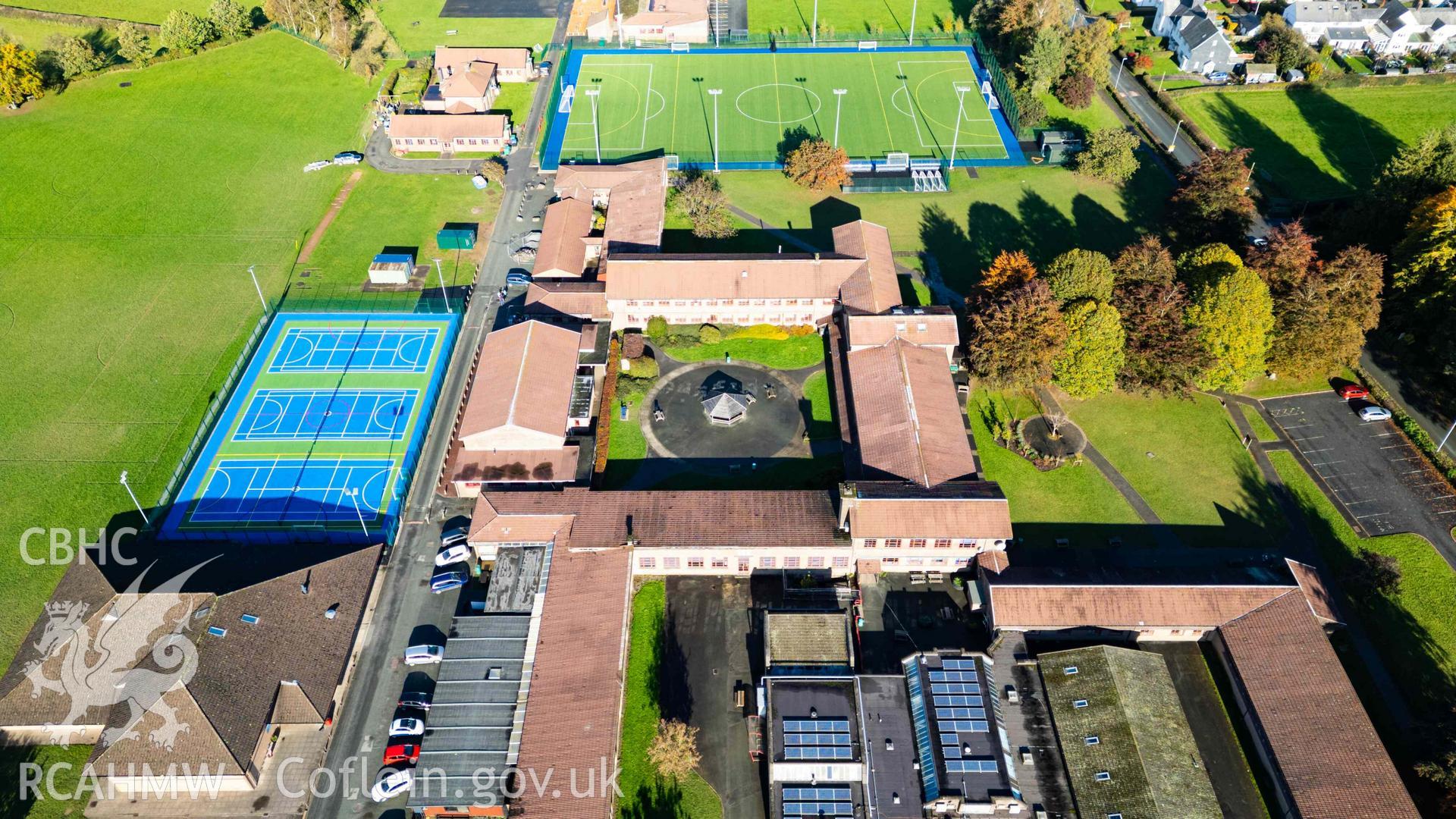 Oblique aerial view of Llanidloes High School looking north